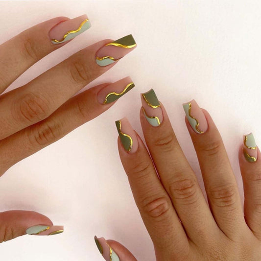 Hkanlre Coffin Press on Nails Gold Line Medium Fake Nails Acrylic Geometry False Nails Full Cover Nails for Women and Girls 24PCS