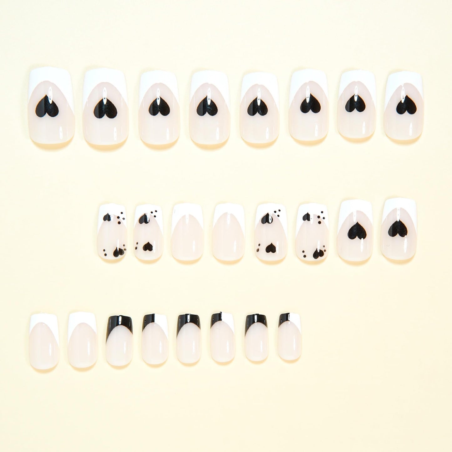 CTTHNBD Press on Nails Medium - Square Fake Nails with Black Heart Design - White French Tip False Nails - for Women 24 Pcs