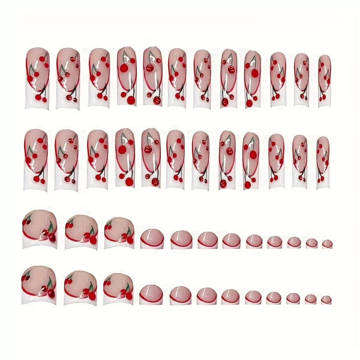 CTTHNBD Square Press on Nails Long & Press on Toenails Set, White French Tip Fake Nails with Cherry Design - for Women 48 Pcs