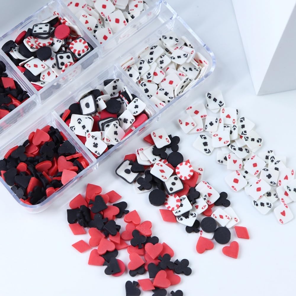 1 Box Holographic Poker Nail Charms Red Black White Peach Hearts Nail Sequins 3D Dice Nail Flakes Sparkly Powder Flakes Shiny Nail Glitter Playing Card Nail Sequins Glitter for Nails Art 6 Grids