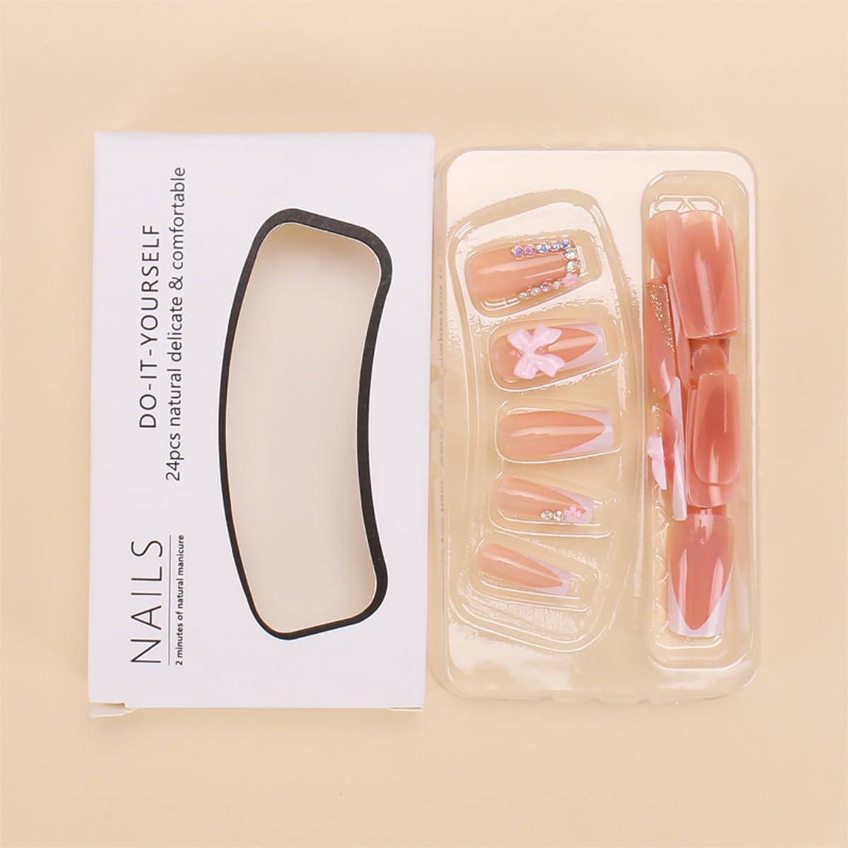 24pcs White French Tip Press on Nails Short Square Fake Nails Rhinestones Full Cover Tip Glitter Stick on Nails Pink Flower Designs Acrylic Glue on Nail Bow False Nails for Women DIY