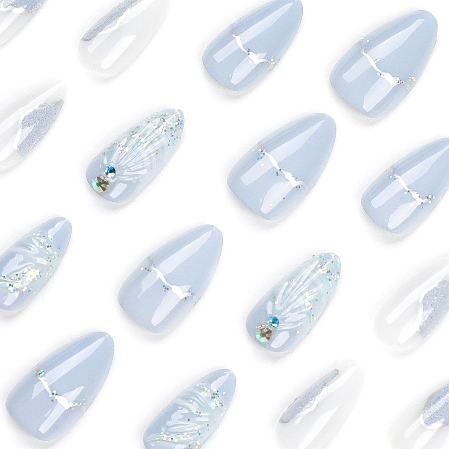 Press on Nails Medium Size Almond Color Acrylic False Nails 3D Mermaid Tail Blue False Nails with Glitter Rhinestones Design Stiletto Nails Press-On Gloss Full Coverage Stick-On Nails Women Gift LL02