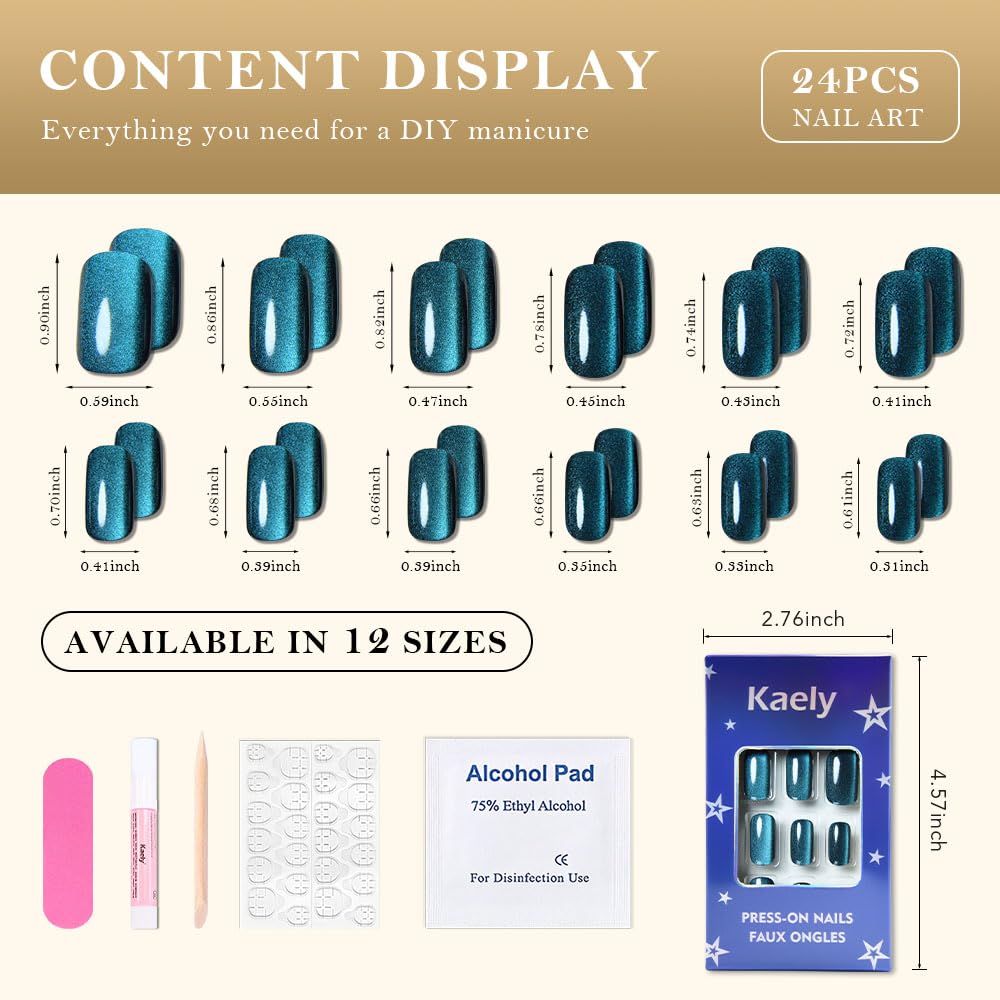 XZMeiLun Cat Eye Teal Green Press On Nails Medium Long Length Square, Designer Reusable Acrylic Fake Nail with 24 ps, Glossy Gel Nails Wedding Party, Stick On Glue On Nail, Nails Press Ons for Women