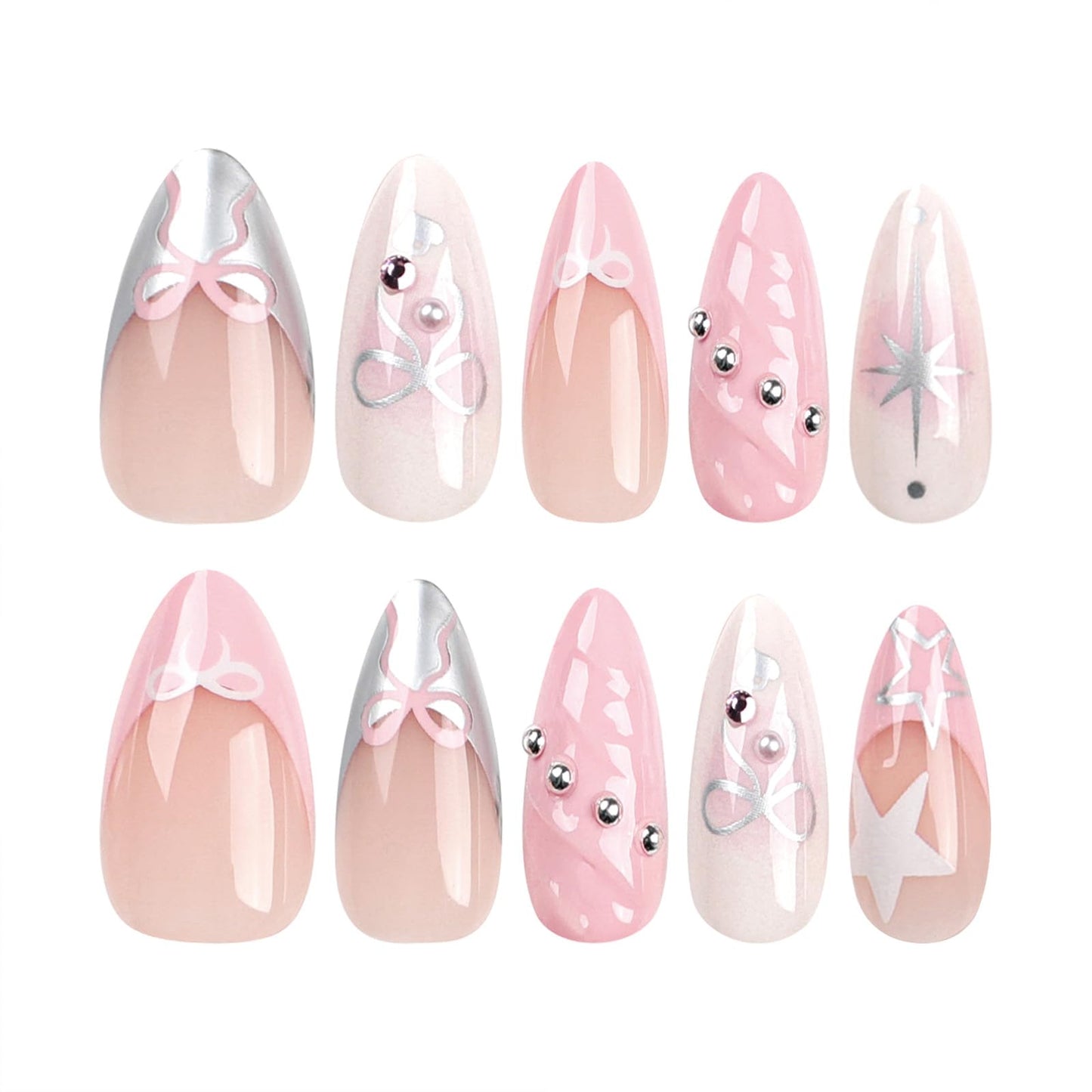 SINHOT Y2K Press on Nails Medium Almond Fake Nails with Glue Pink False Nails Stiletto 3D Design Bowknot Ballerina Acrylic Nail 24pcs
