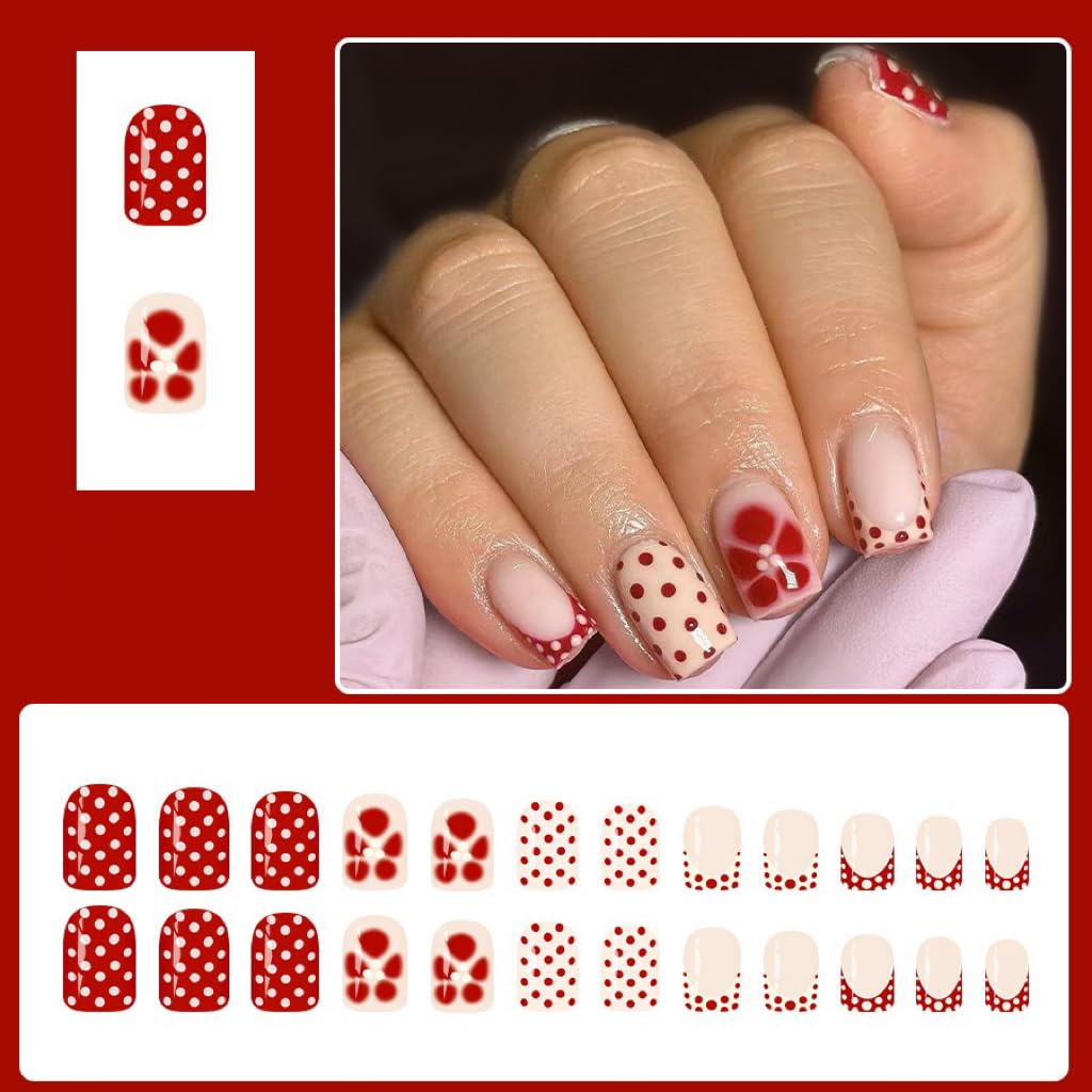 Short Press on Nails Square - Red Fake Nails with Polka Dot Design - Flower Full Cover Stick on Nails - for Women Winter Manicure 24 Pcs