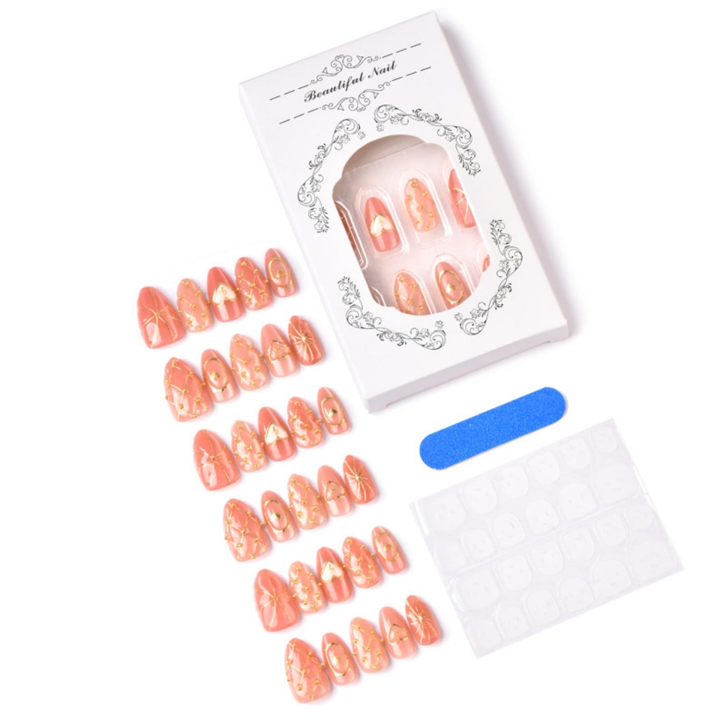 octoswave Press on Nails Medium Almond Fake Nails 3D Artificial Nail Glossy Gold Charm Stick on Nail for Women 30pcs