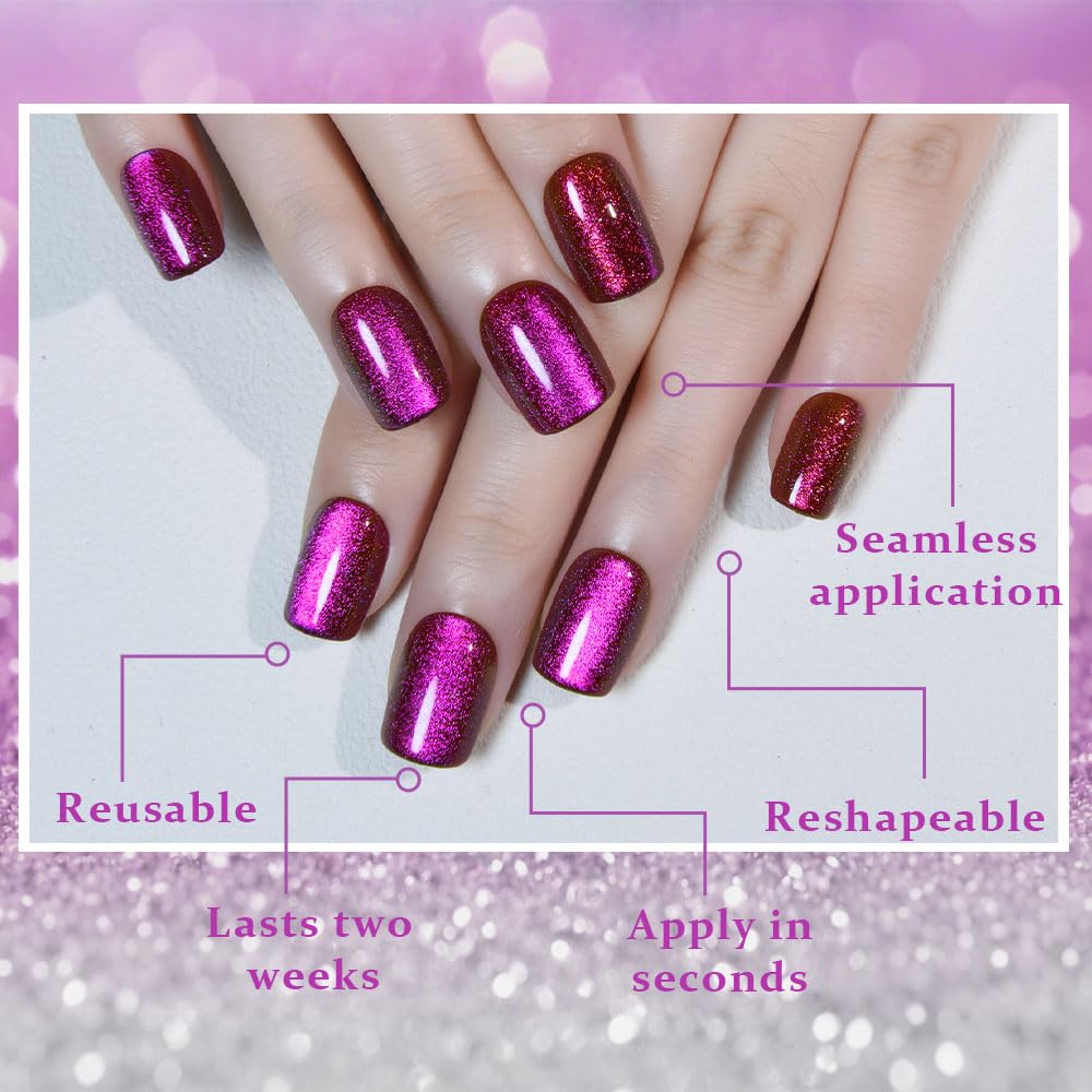 evpct Purple Pink Cat Eye Extra Short Square Press on Nail, Petite Short Square Stick on Nails for Women, Purple Pink Glossy Holographic Fake Nails Reusable Gel Press on Acrylic Fake Nail with Designs