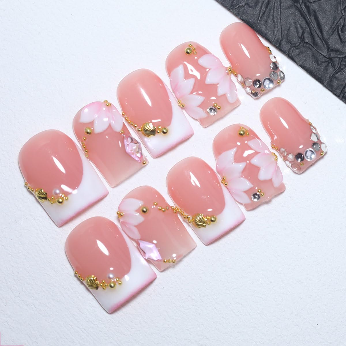 10Pcs Short Square Handmade Press On Nails | Easy Apply & Remove, Reusable Salon Quality Nails | Elegant Blush Pink Fake Nails with 3D Sakura Flower, Gold Seashell & Rhinestone Accents (O912, M)