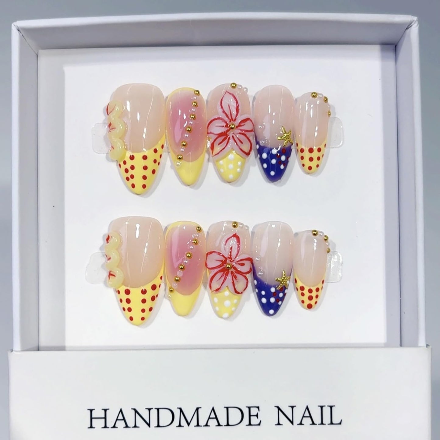 Almond French Handmade Nails with Flower Polka Dot Design Nude Medium Press on Nails Full Cover Detachable Artificial Acrylic Fake Nail for Women Girls Manicure DIY 10 Pcs （S）