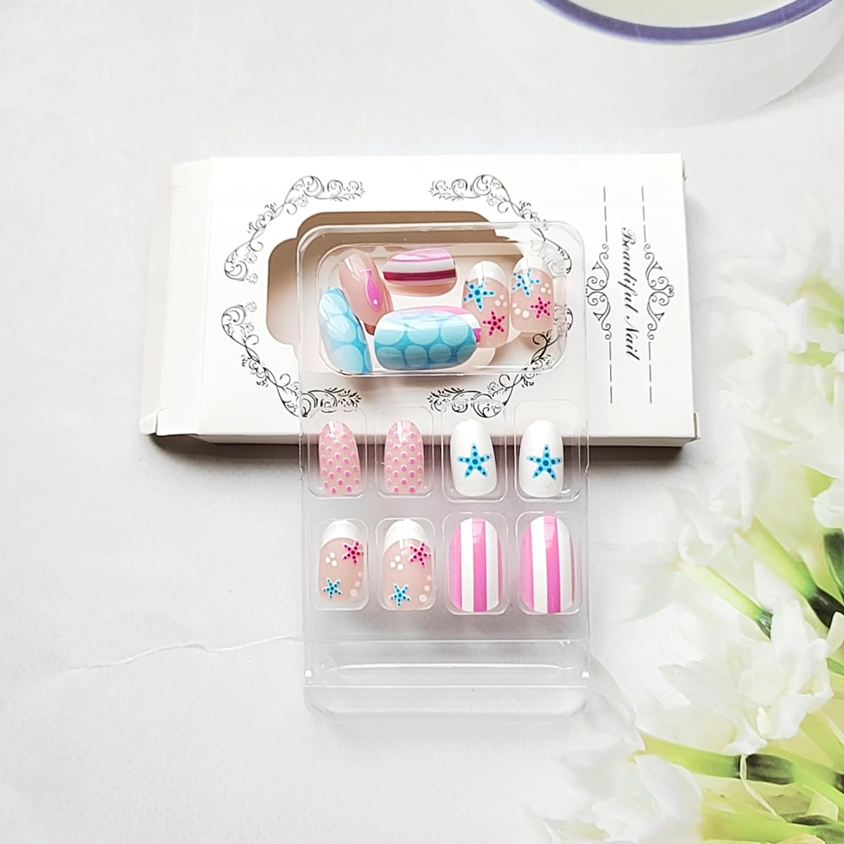 24 Pcs Pink Blue Press on Nails Short Oval WLGDLH French Tip Fake Nails, Summer False Nails Press ons with Polka Dot Starfish Striped Design, Nude Base Glue on Nails for Women Manicure, Glossy Finish