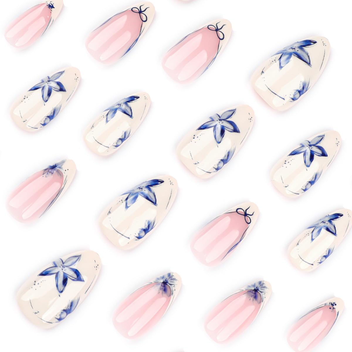 Short Almond Press on Nails - Blue Porcelain Flower & White French Tip with Bow, Full Cover Glossy Fake Nails 24PCS for Women