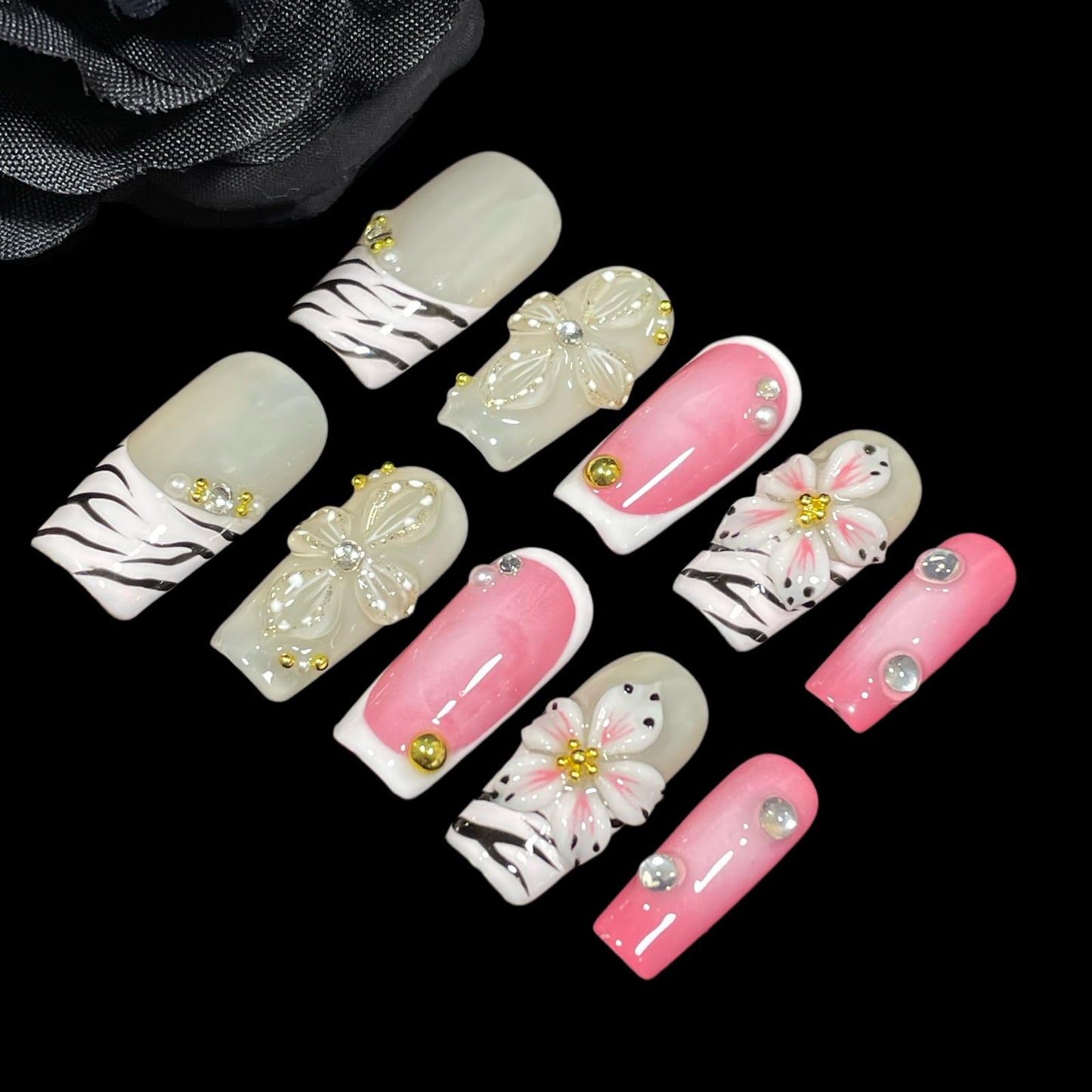 Handmade Press On Nails Short-Medium Square Bold Pink Zebra Stripes & 3D Floral | Glitter Flowers With Gold Accent | Reusable Acrylic Fake Nails for Parties & Daily (Pink Zebra, M)