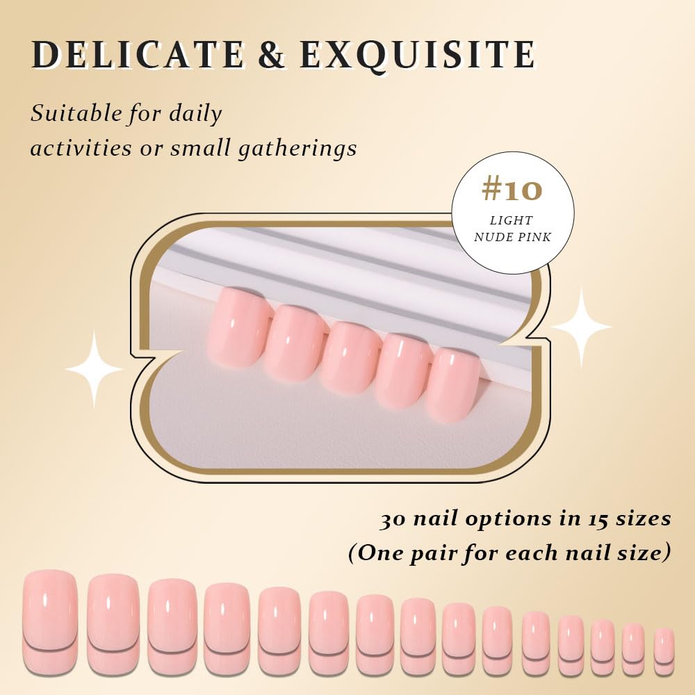 evpct Light Nude Pink Short Press on Nails Square, Glossy Soft Gel Acrylic Fake Press on Nail Manicure Kits, Reusable Artificial Stick on Nail for Women, Full Cover Easy Application Easy At-Home Salon