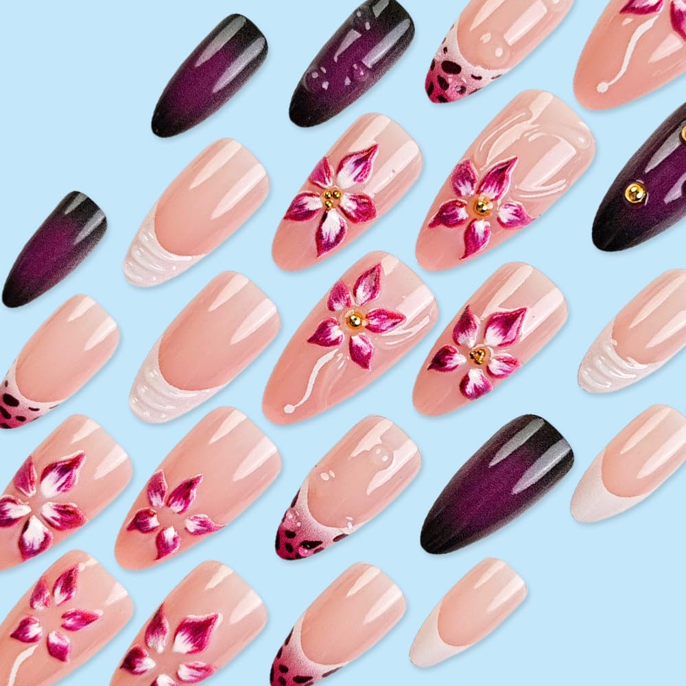 LBPEPAMZ 24Pcs Flower Press on Nails Medium Almond Fake Nails with 3D Floral Design Glue on Nails Gradient French Tip False Nail Gold Rhinestone Charms Acrylic Full Cover Stick on Nail for Women