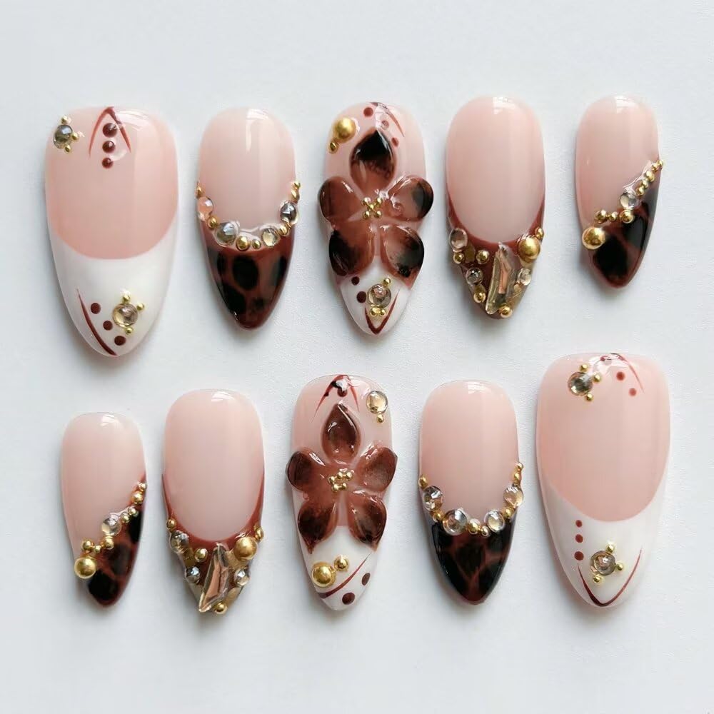 Spring Press On Nails MAGLFELL Handmade 10Pcs Almond Fake Nails, 3D Carving Floral and Gold Plated Decoration Design, Reusable Acrylic Nails Tip Salon Artificial Nails Kit (Size M)