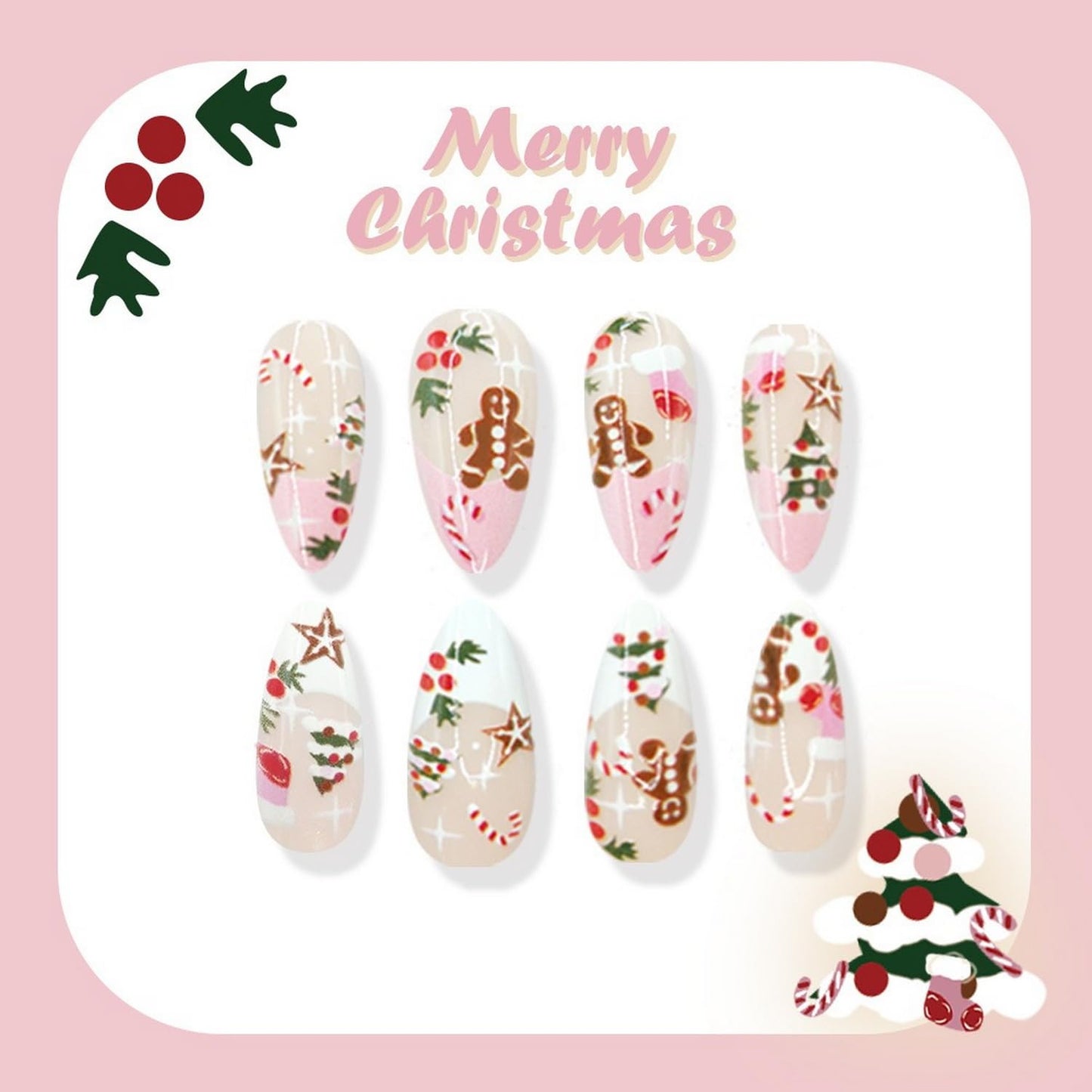 Christmas Press on Nails Medium Almond Fake Nails Glitter with Cute Gingerbread Man, Crutch, Christmas Tree, False Nails Design Full Cover French Acrylic Nail for Women DIY Manicure Decoration 24 Pcs