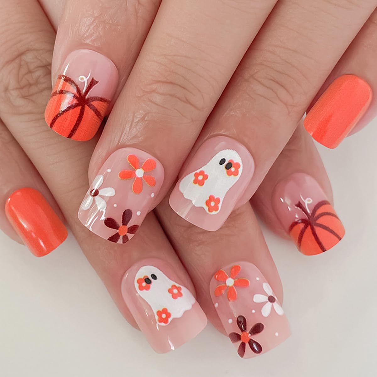 6 Packs (144 Pcs) Halloween Press on Nails Short Square Fake Nails with Designs Pumpkin Ghost Spider Glue on Nails Full Cover Glossy Acrylic Stick on Nail for Women Girls Manicure