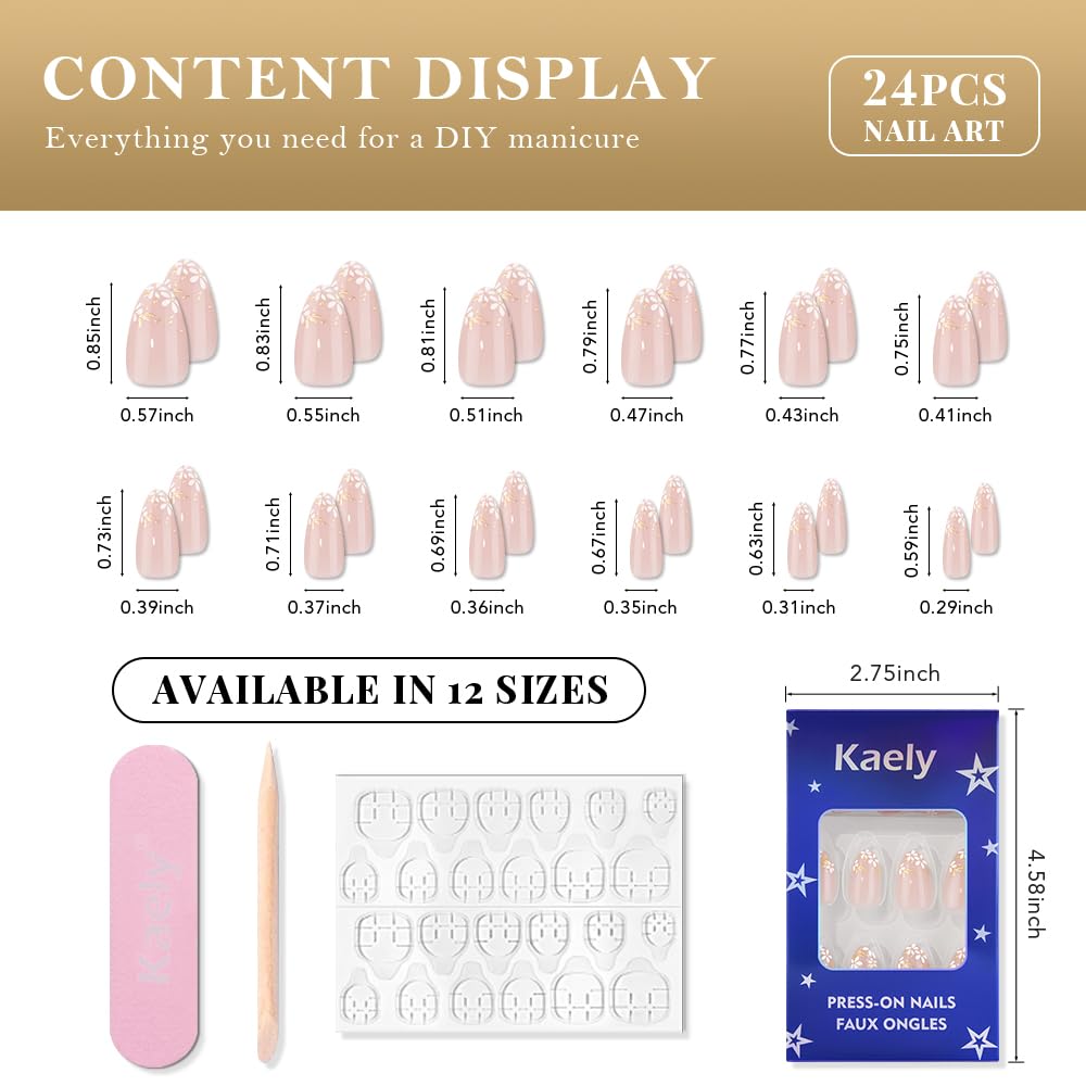 evpct 3D Nude Pink Press on Nails Short Almond No Glue with Gold White Flower Design, Short Almond Stick on Nails for Women Gift with Kit, Reusable Soft Acrylic Press on Fake Nail with Floral Design