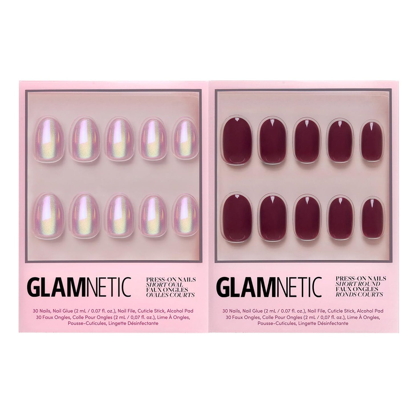 Glamnetic Press-On Nails Bundle - Oyster & Berry Maroon | Short Oval Pearlescent Fake Nails with a Velvet Finish | Dark Red Short Round Fake Nails | Reusable, Salon-Quality Nail Kits