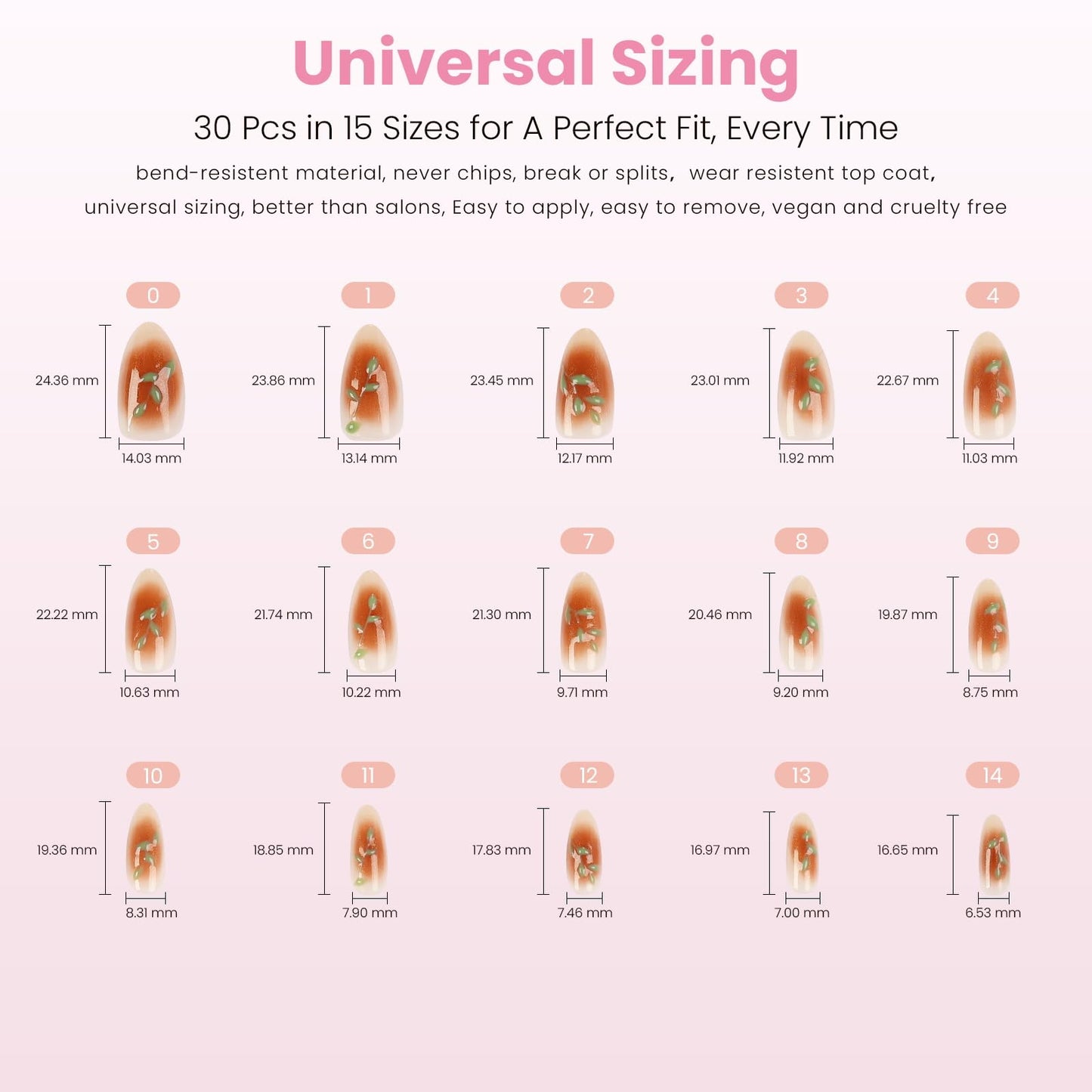 Nail Reformation Press On Nails, Rose Gold Foil Medium Almond Fake Nails in Brown Blush Shimmer with Glossy Finish, Reusable Stick On False Nails in 15 Sizes - 30 Nail Kit with Glue, Gifts for Women