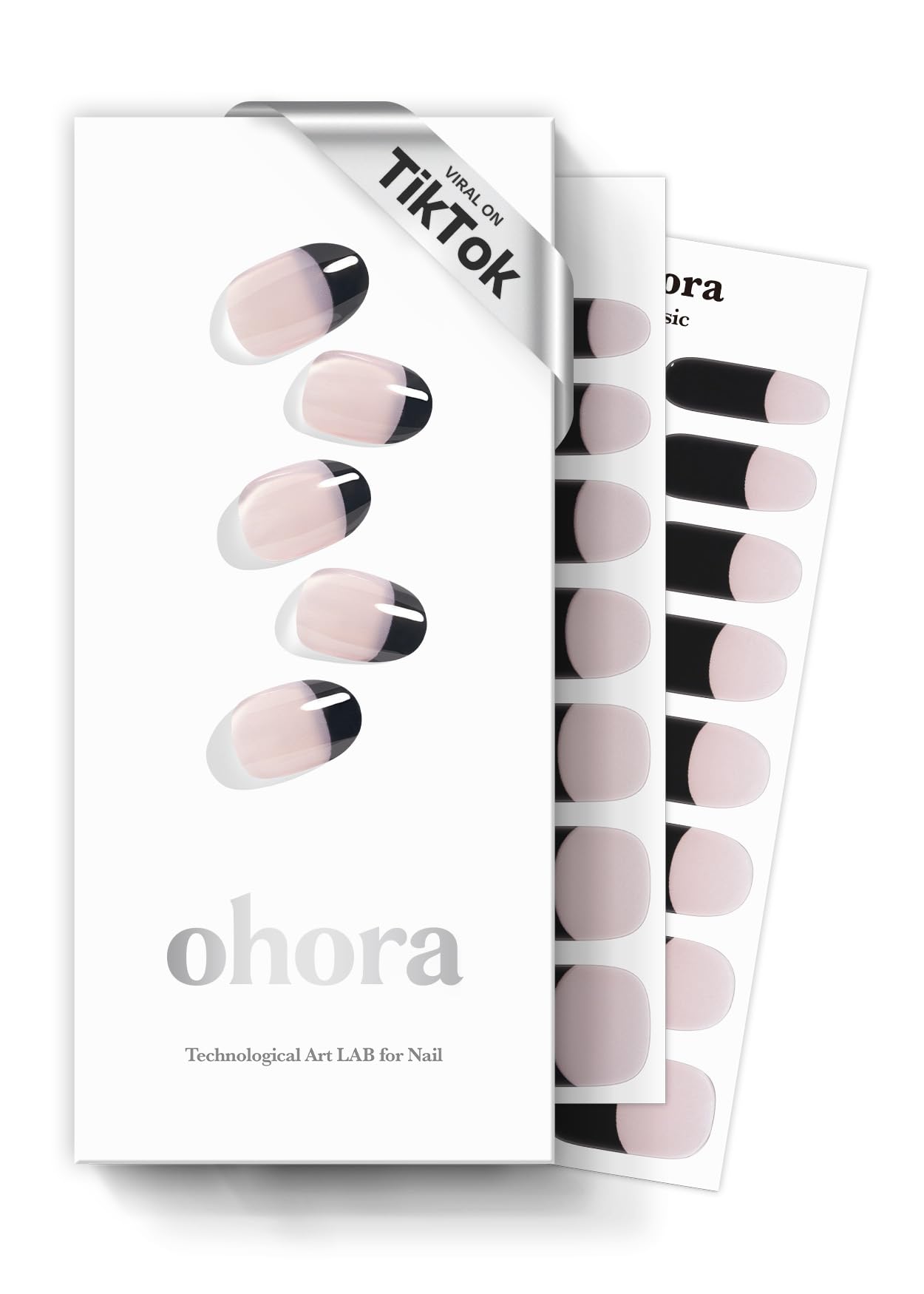 ohora Semi Cured Gel Nail Strips (N Chic French) - Black, French, Works with Any UV/LED Lamps, Salon-Quality, Long Lasting, Easy to Apply & Remove - Includes 2 Prep Pads, Nail File & Wooden Stick
