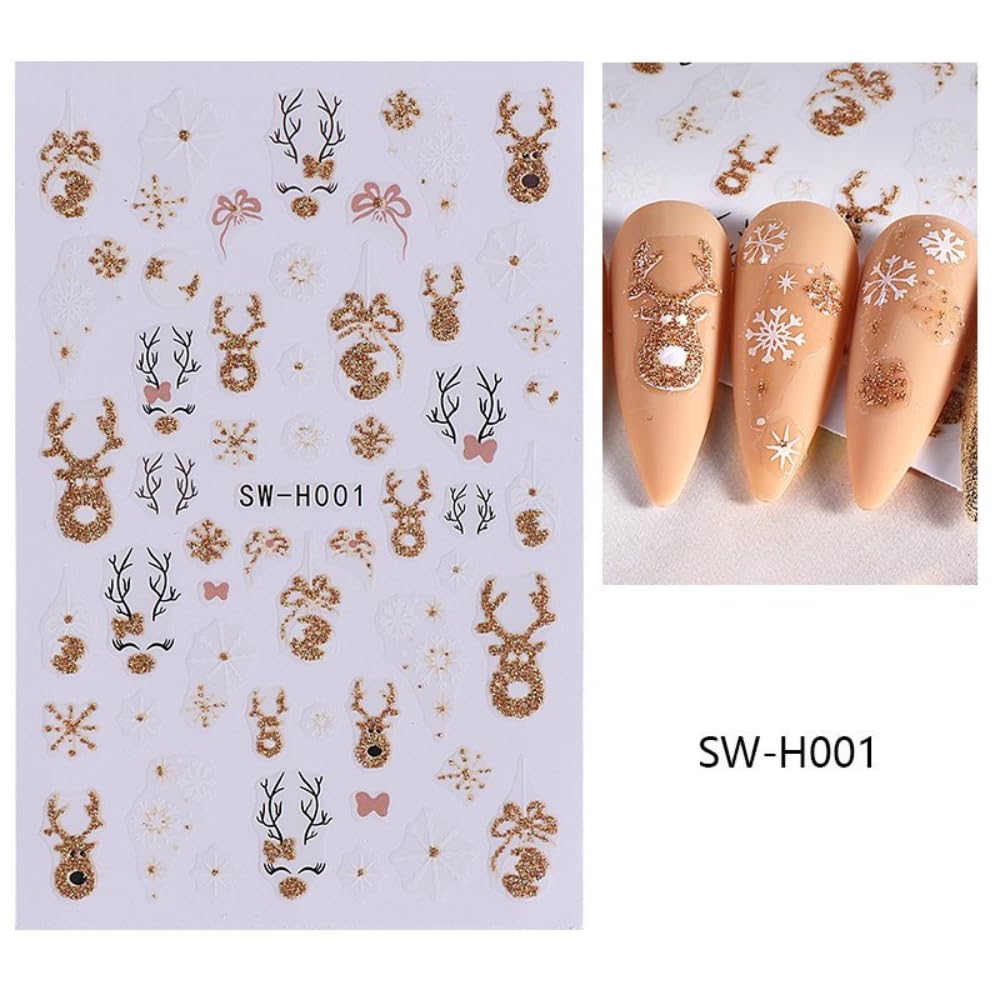 Christmas Nail Stickers Gold Clock Nail Art Stickers Self Adhesive Elk Snowflake Nail Decals Winter Xmas Bow Gingerbread Man Nail Art Supplies Christmas Tree Nail Design for Women 6 Sheets