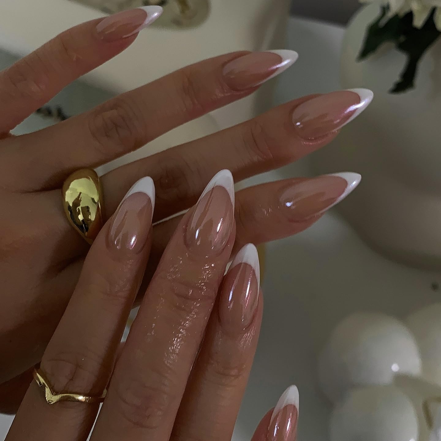 White French Tip Press On Nails Almond - KQueenest Chrome Press On Nails Medium, Fake Nails Press with Natural Brown Base, French Glue on Nails Medium, Glazed Donut Stick On Nails for Women Wedding