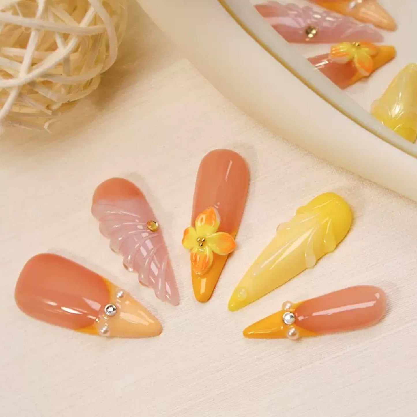 100% 5D Handmade Press on Nails with Charms Long Stiletto Nails Press ons- French Tips False Nails Ombre Orange Yellow Press on Nails Summer Fake Nails for Women Girls Daily Wear DIY Manicure Size S