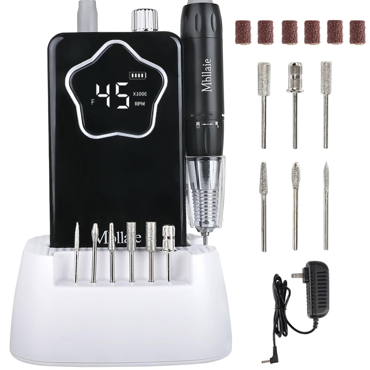 Professional Electric Nail Drill 45000 RPM：Rechargeable Nail File Machine Kit for Acrylic Gel Nails Polishing Removing Portable Cordless Efile with Base Ultra Power Salon & Home Use