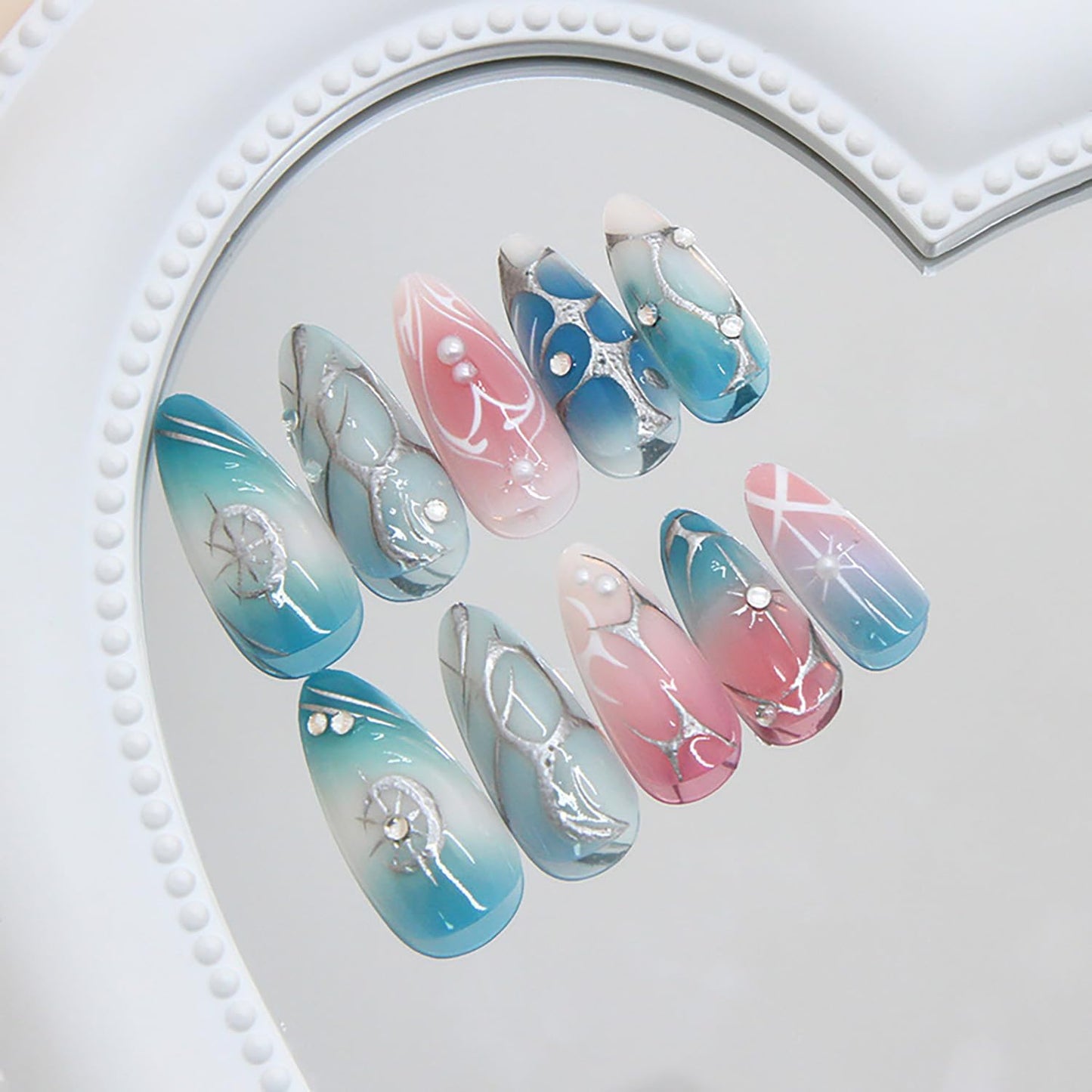 EYZOTSF Press on Almond Nails Medium Length Glossy Full Cover Acrylic Almond Shaped False Nails with Designs Artificial Fake Nail with Charms Glue Stick ons Fingernails for Women Girls(Z1116)