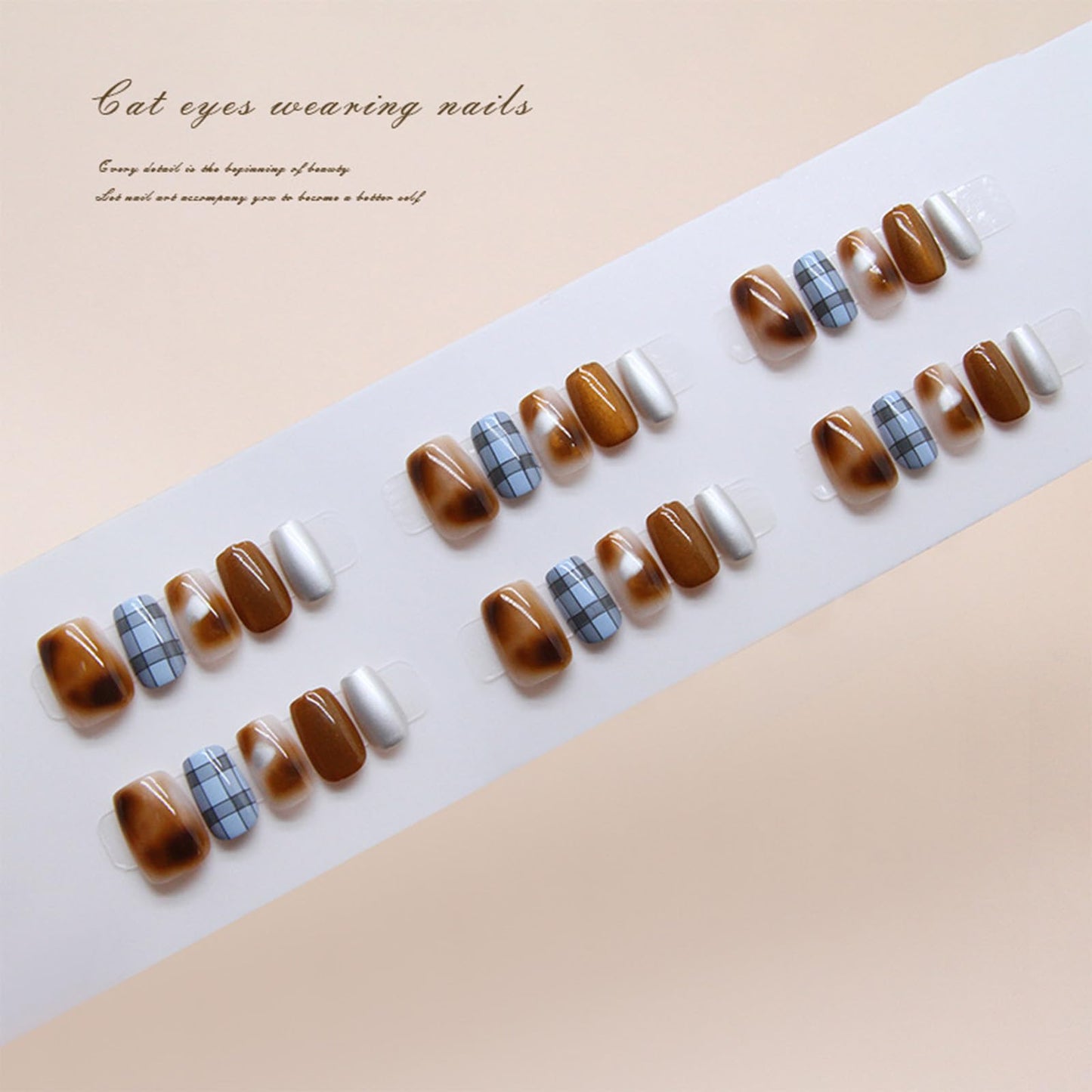 24Pcs Amber Cat Eye Press on Nails Shine Cat Eye Acrylic Fake Nails Glossy Blue Cat Eye Short Square False Nails Grid Cat Eye Stick on Nails Mesh Fabric Gel Glue on Nails for Coquette Women Girls