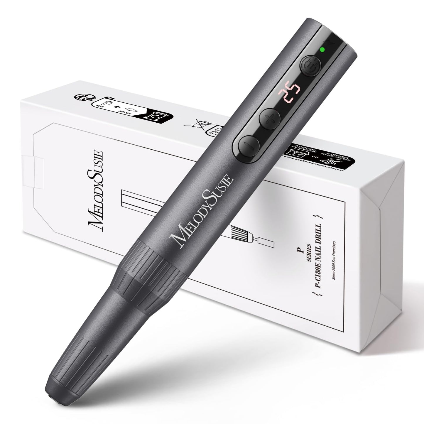 MelodySusie Pen-Shaped Portable Cordless Nail Drill, PC180E 25000RPM Rechargeable Electric File with LED Display for All Nail Care, Manicure Shaping & Acrylic Gel Removal for Nail Artists DIY at Home