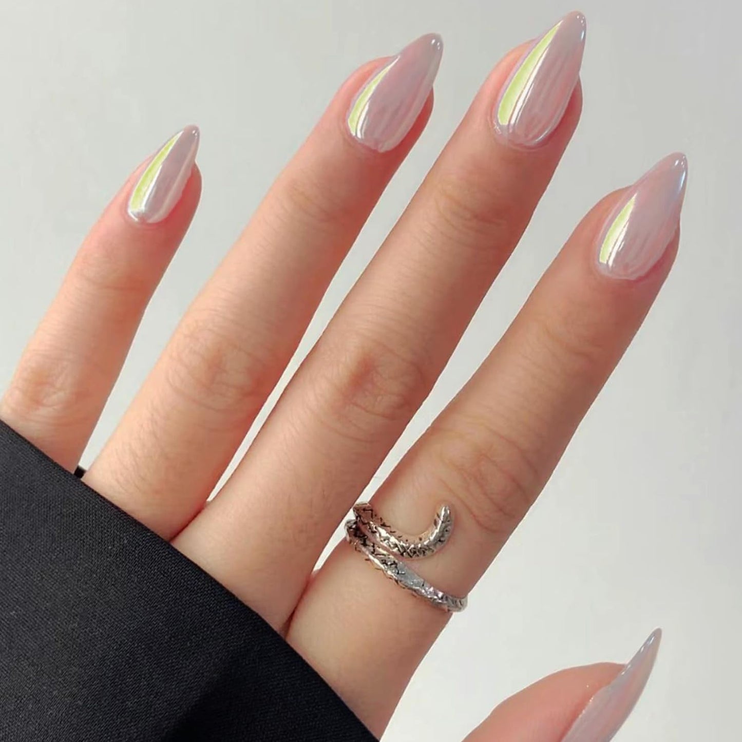 GLAMERMAID Chrome Press On Nails Medium Almond- White Handmade Metal Gel Fake Nails Stiletto, Glitter Glazed Donut False Nail Oval, Glossy Natural Reusable Acrylic Stick Glue on Nails Kit for Women
