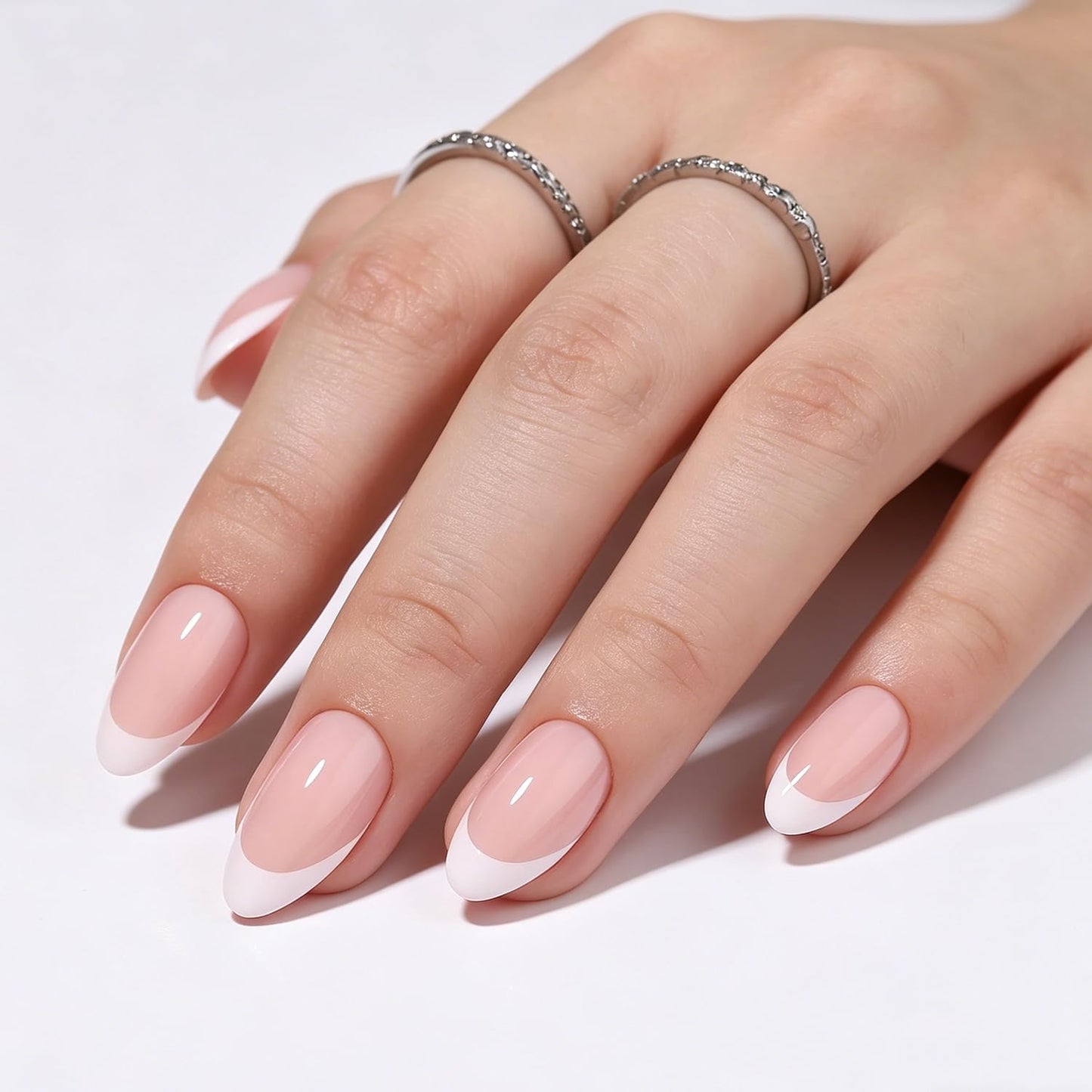 Bonitiva Short Almond Press On Nails, Glossy French Tip Soft Gel Reusable, 32PCS 16 Sizes, Salon Quality Long Lasting Fake Nails with Nail Glue & File Kit for Women Girls, Daily Wear