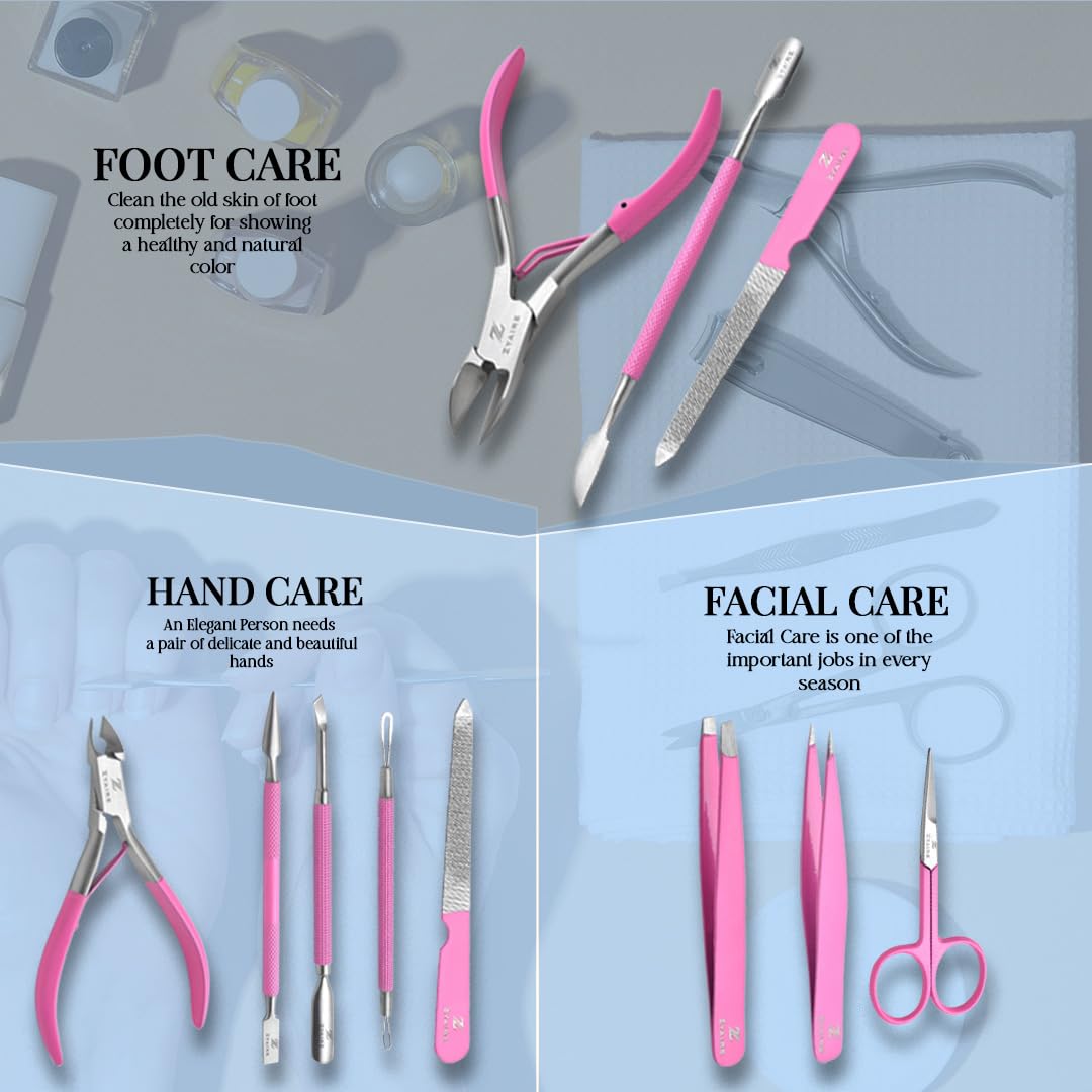Manicure Pedicure Set - 10-in-1 Stainless Steel Grooming Kit, Personal Care Tools, Nail Nipper, Cuticle Cutter, Scissors, Tweezers, Blackhead Remover, Nail File & Case (Pink)