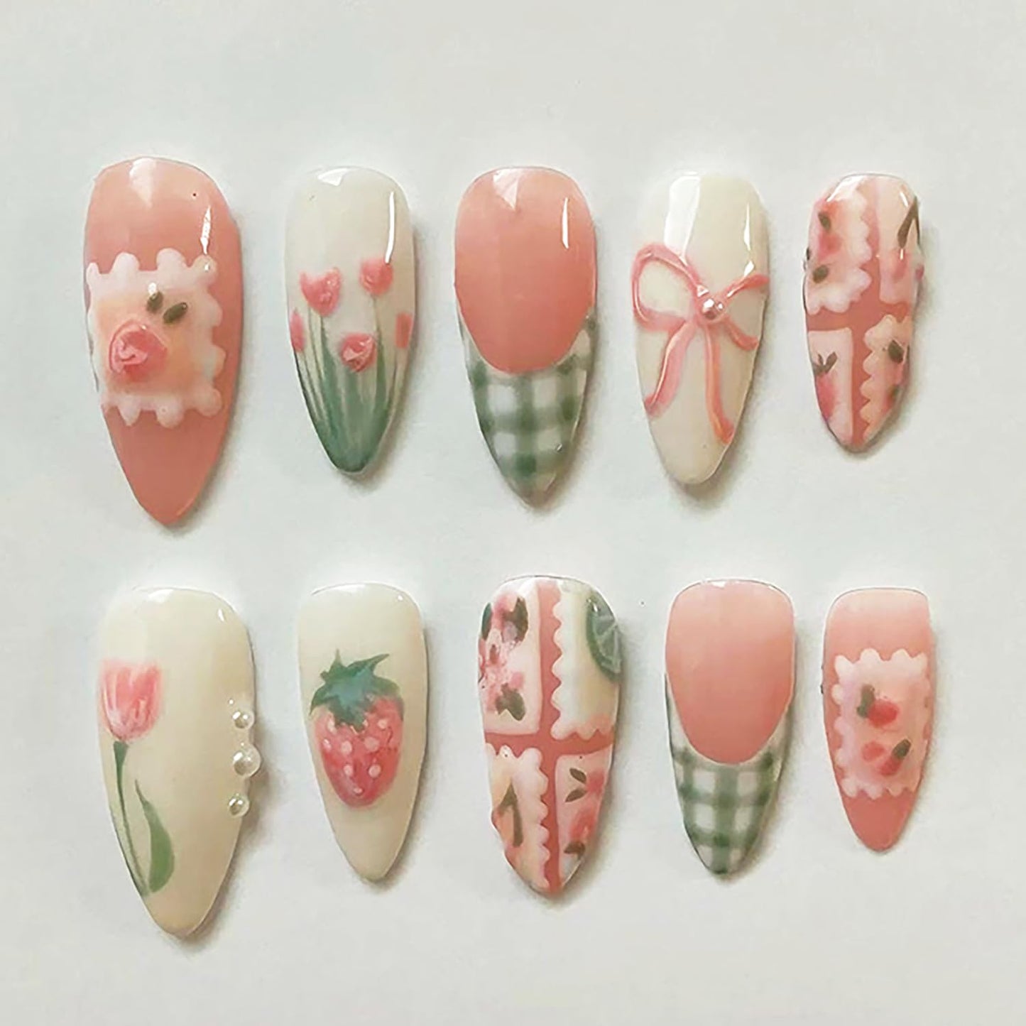 30Pcs Spring Press on Nails Medium Almond Green Plaid French Tip Fake Nails with Pearl Designs Cute Strawberry Bow Acrylic Nails Spring Flower False Nail Tulip Full Cover Glue on Nails for Women