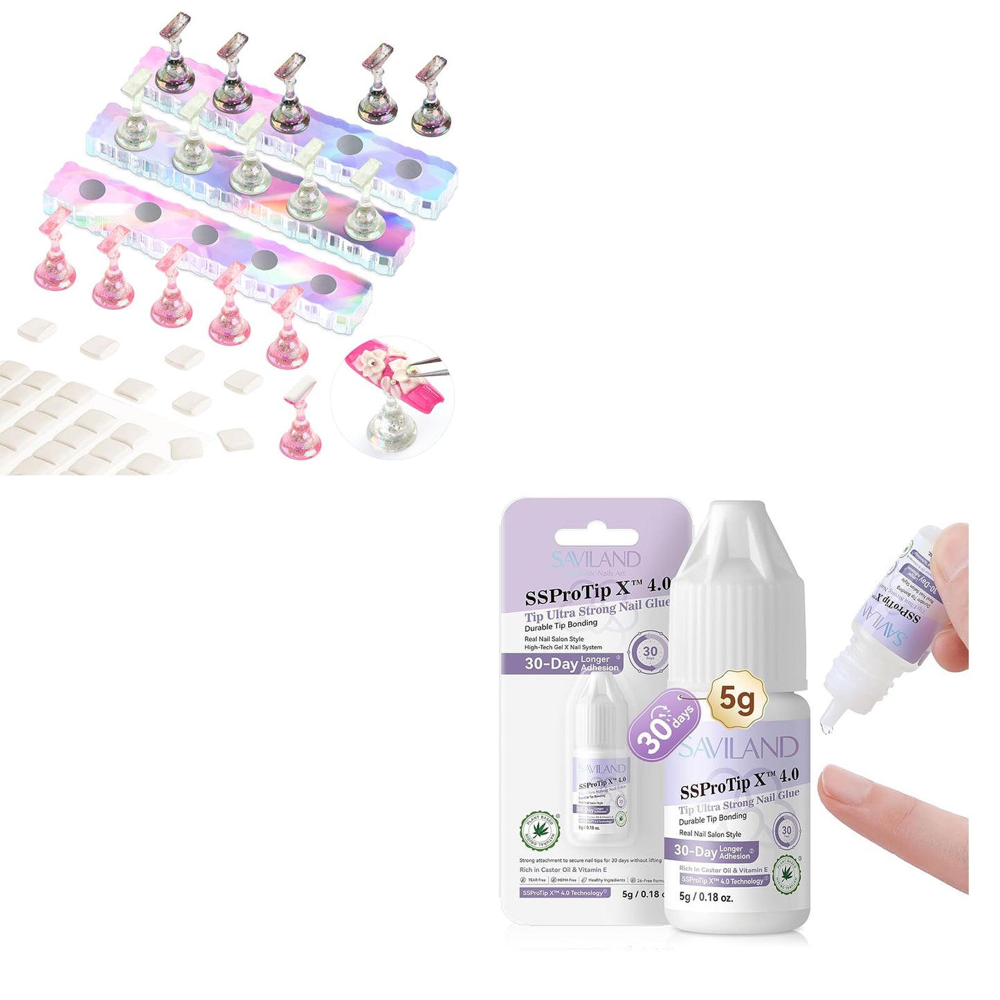 SAVILAND Nail Stand for Press On Nails Display:15pcs Nail Stand Set 3X Strong Magnet Fake Nail Holder Painting Strong Nail Glue for Acrylic Nails Press On Nails: Extra Strength Nail Glue 5 g