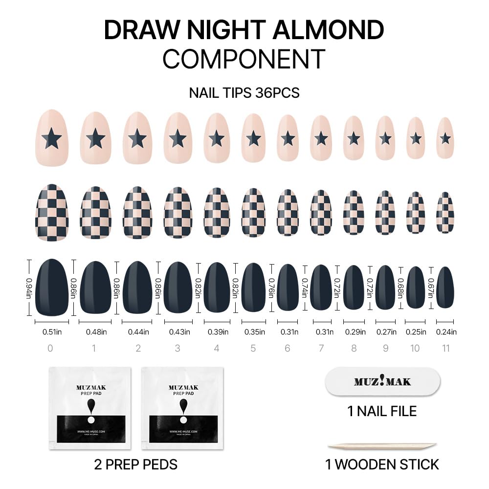 MUZMAK Reusable Press on Nails Long 36Pcs Halloween Press Ons with Designs Cute Gel (Draw Night(Almond))
