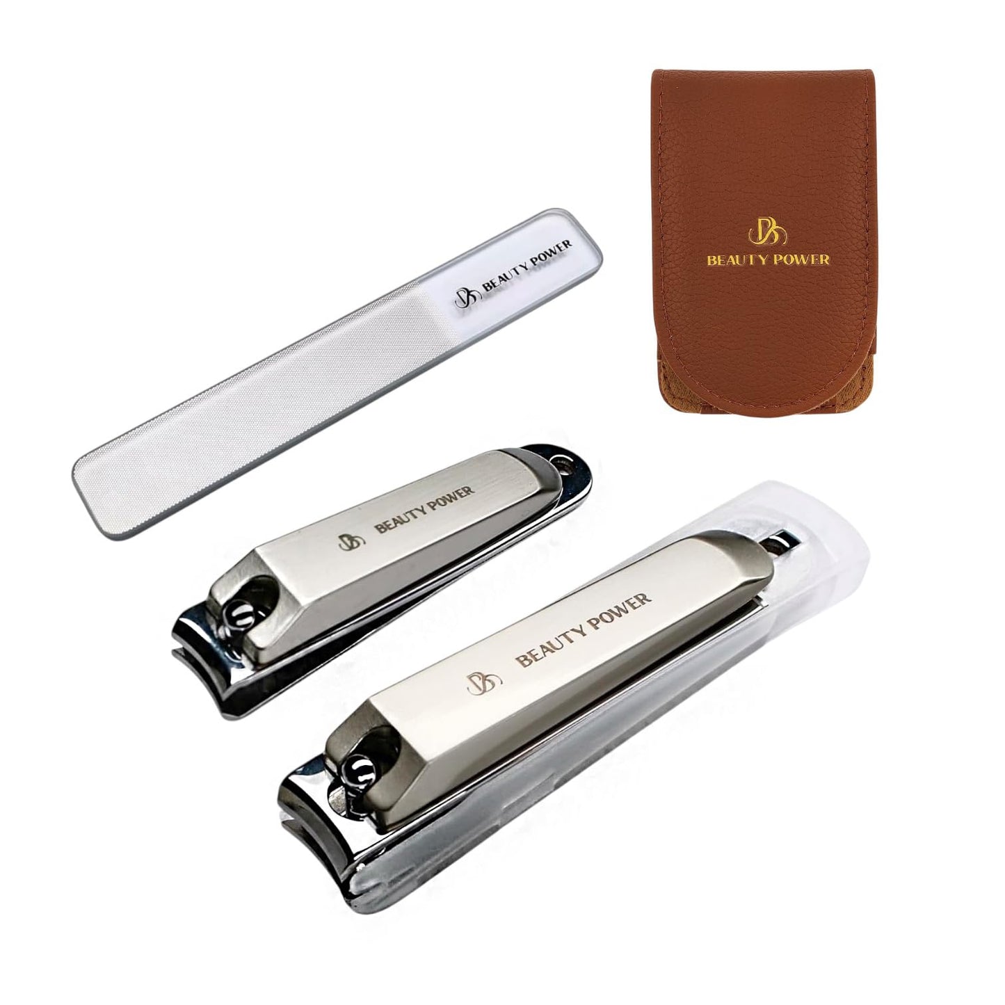 Beauty Power Nail Clippers Set 3 in 1 - Stainless Steel Toe Nail Clippers, Fingernail Clipper, Glass Nail File, Anti Splash, Ergonomic Grip in Brown PU Leather Travel Case for Men & Women - Gift Idea