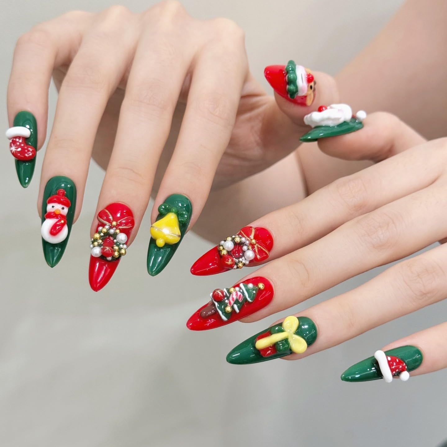 Tesytto Handmade Press on Nails Long Oval - Red & Green 3D Cartoon Character Design, Luxury Glitter Fake Nails with Cute Star & Pearl Charms, Salon Quality Reusable Nails (Holiday Carnival,S)