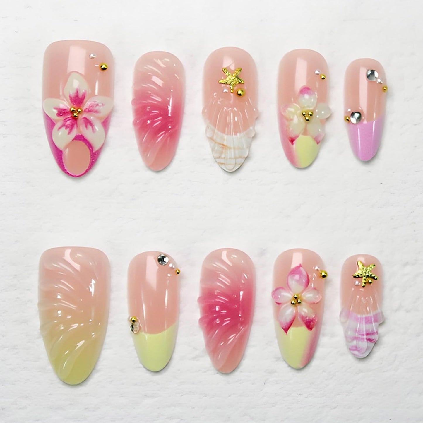 Cute Flower Press on Nails Medium Almond French Tip Fake Nails 3D Pink Gradient Flowers False Nails with Rhinestone Gold Beads Charms Design Acrylic Nails Golden Starfish Glue on Nail for Women 30Pcs