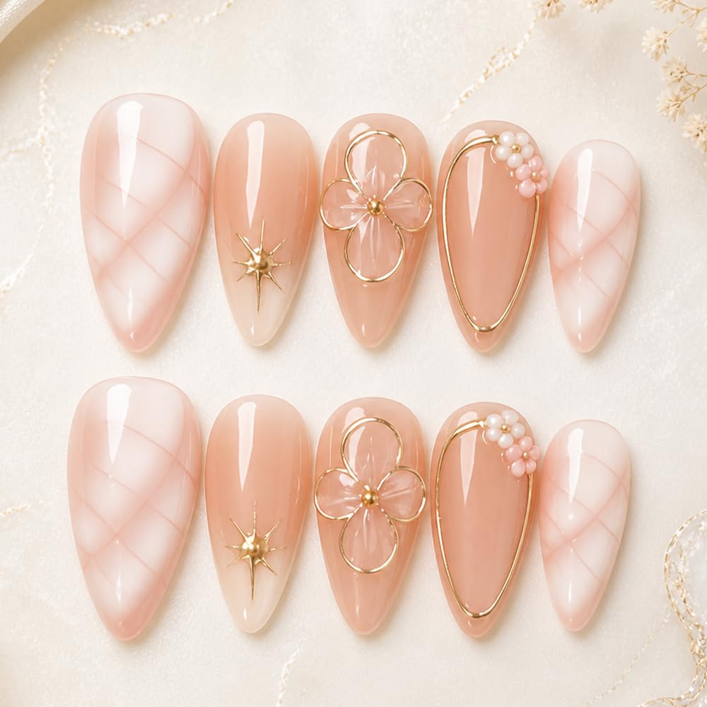 2IM Studio Handmade Press On Nails – 10 Piece Soft Gel Nail Kit with Glue & Tool Set, Reusable Artisan Nails, Salon-Quality Finish (Ivory Shell-S)
