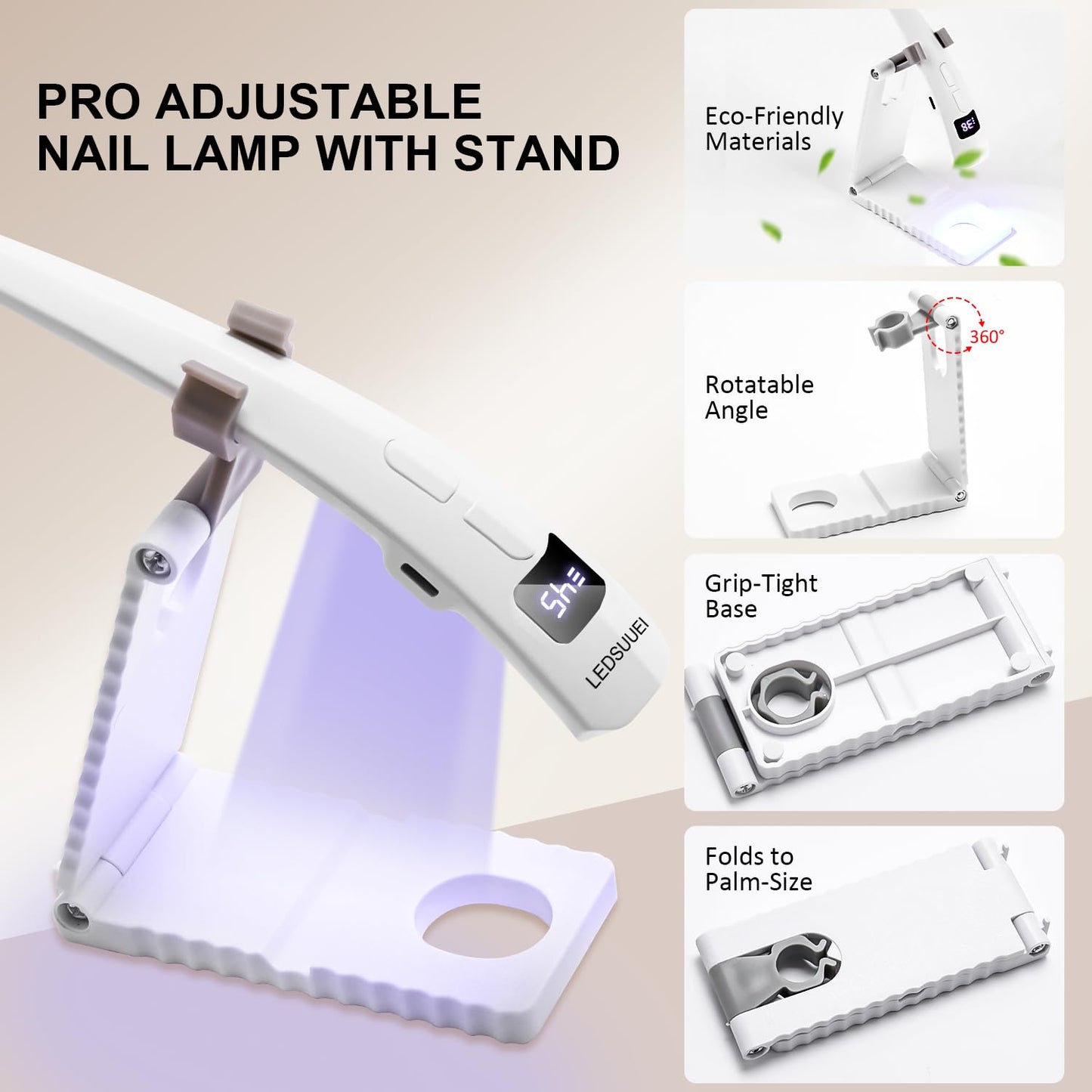 2-in-1 Dual-Zone UV Nail Lamp for Gel Polish, LEDSUUEI Handheld UV Light for Gel Nails, 400mAH Rechargeable Portable LED Display Nail Lamp Fast Flash Cure Nail Dryer for DIY Manicure Home Salon Travel