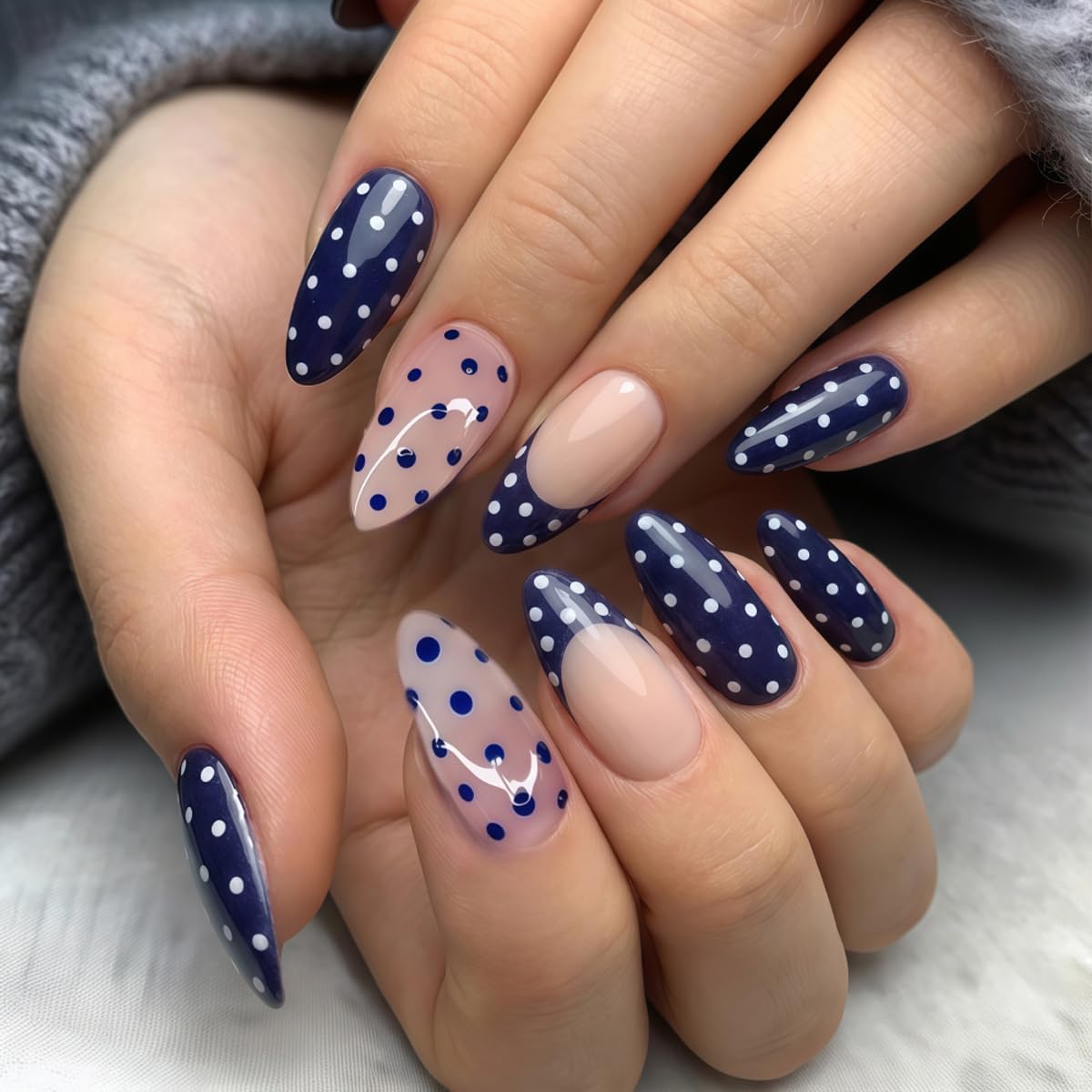 5D Flower Press on Nails Medium Almond Nails Press on with Gold Charm Design Glossy Nude Fake Nails Rhinestones Star Glue on Nail Reusable Marble Nail for Women Manicure 24Pcs
