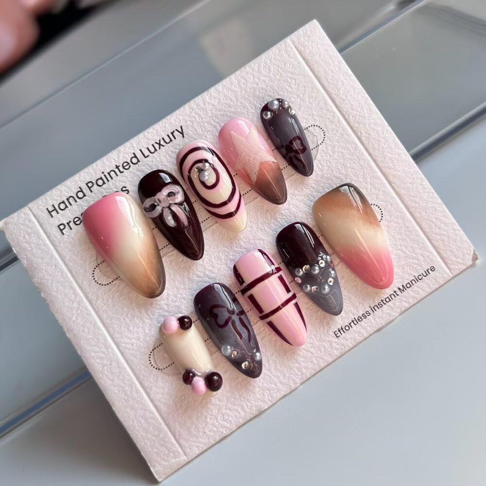 10Pcs Spring Summer Press on Nails Almond Shape False Nails with Bow Design Medium Length Fake Nails Handmade Nails Press On 3D Star Fake Nails Reusable Nails for Women (Size S)