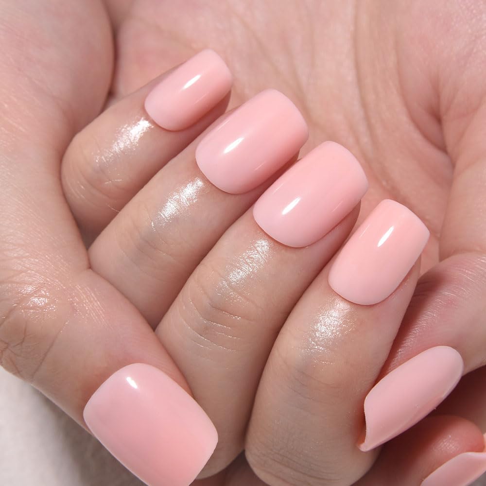 evpct Light Nude Pink Short Press on Nails Square, Glossy Soft Gel Acrylic Fake Press on Nail Manicure Kits, Reusable Artificial Stick on Nail for Women, Full Cover Easy Application Easy At-Home Salon