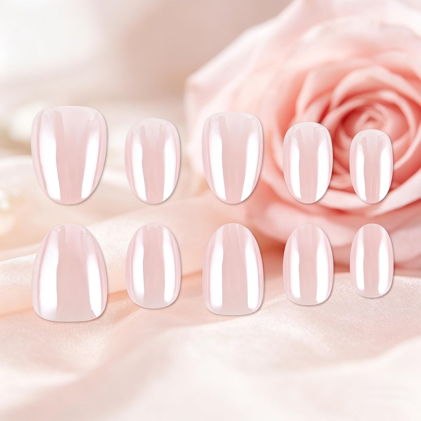 Press on Nails With Chrome Design, Glossy Nude Pink Fake Nail, Short Oval False Nails Mirror Glue on Nail, Natural Stick on Reusable Acrylic Fingernails for Women Daily Wear