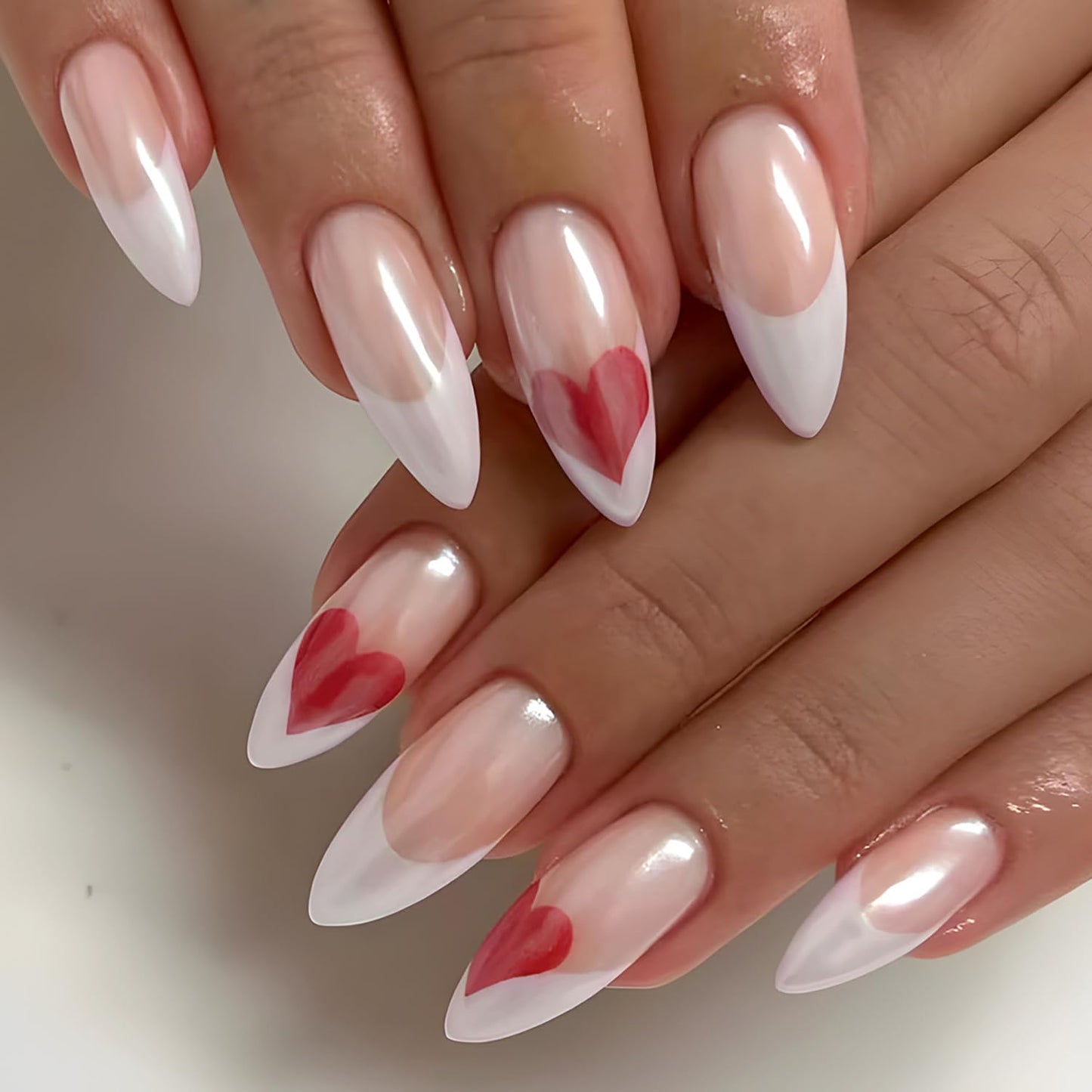 Valentine's Press on Nails Medium Red Love Heart Design Full Cover Glossy Fake Nails White French Tip Press on Nails Almond Shaped Artificial Acrylic Nails Full Cover Stick on Nails for Women