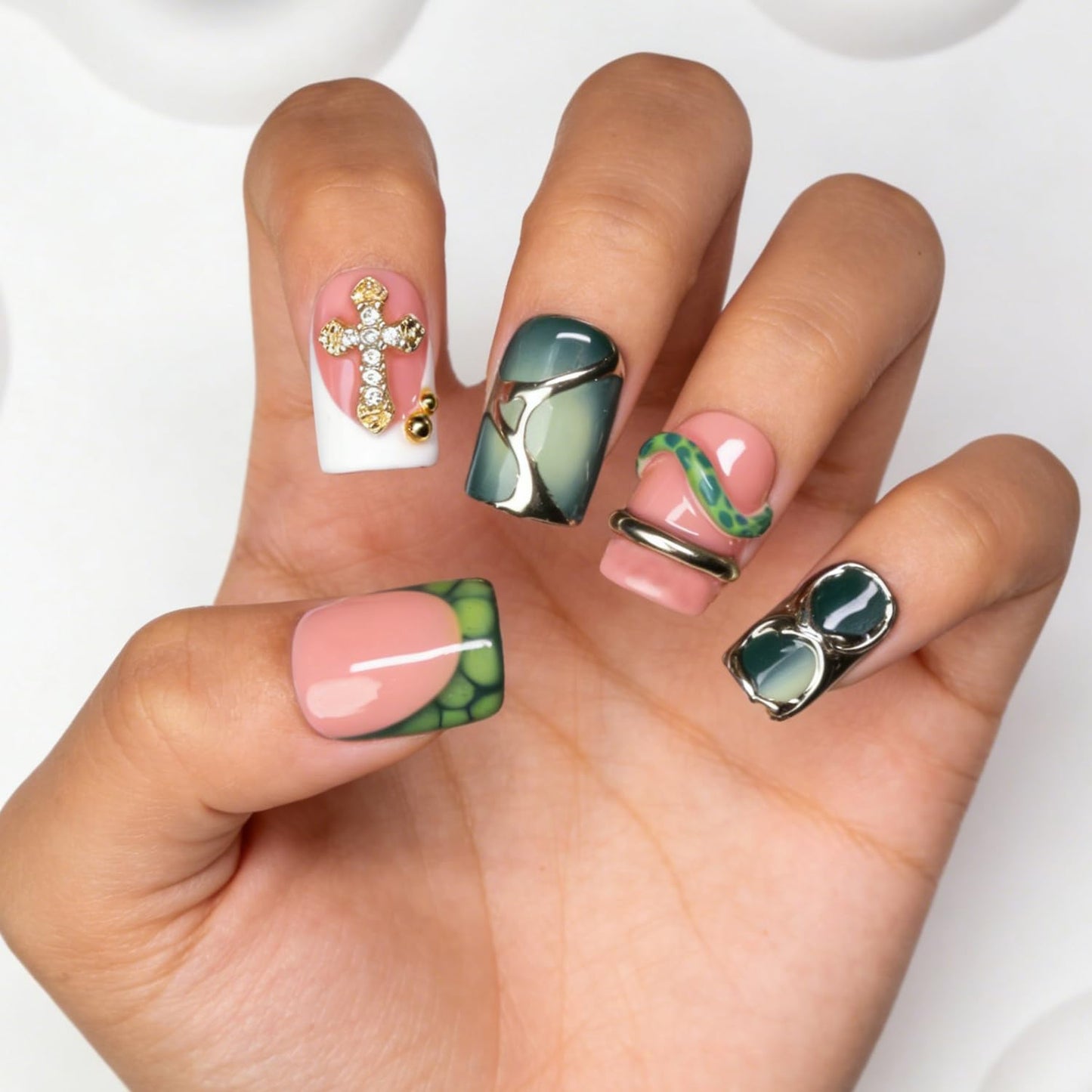 Handmade Square Press on Nails Green French Tip Short Stick on Nail 3D Silver Embossed Designs Luxury Rhinestone Pearl False Nails Muti-Layer Gel Acrylic Nails for Women Manicuare 10 Pcs（M)