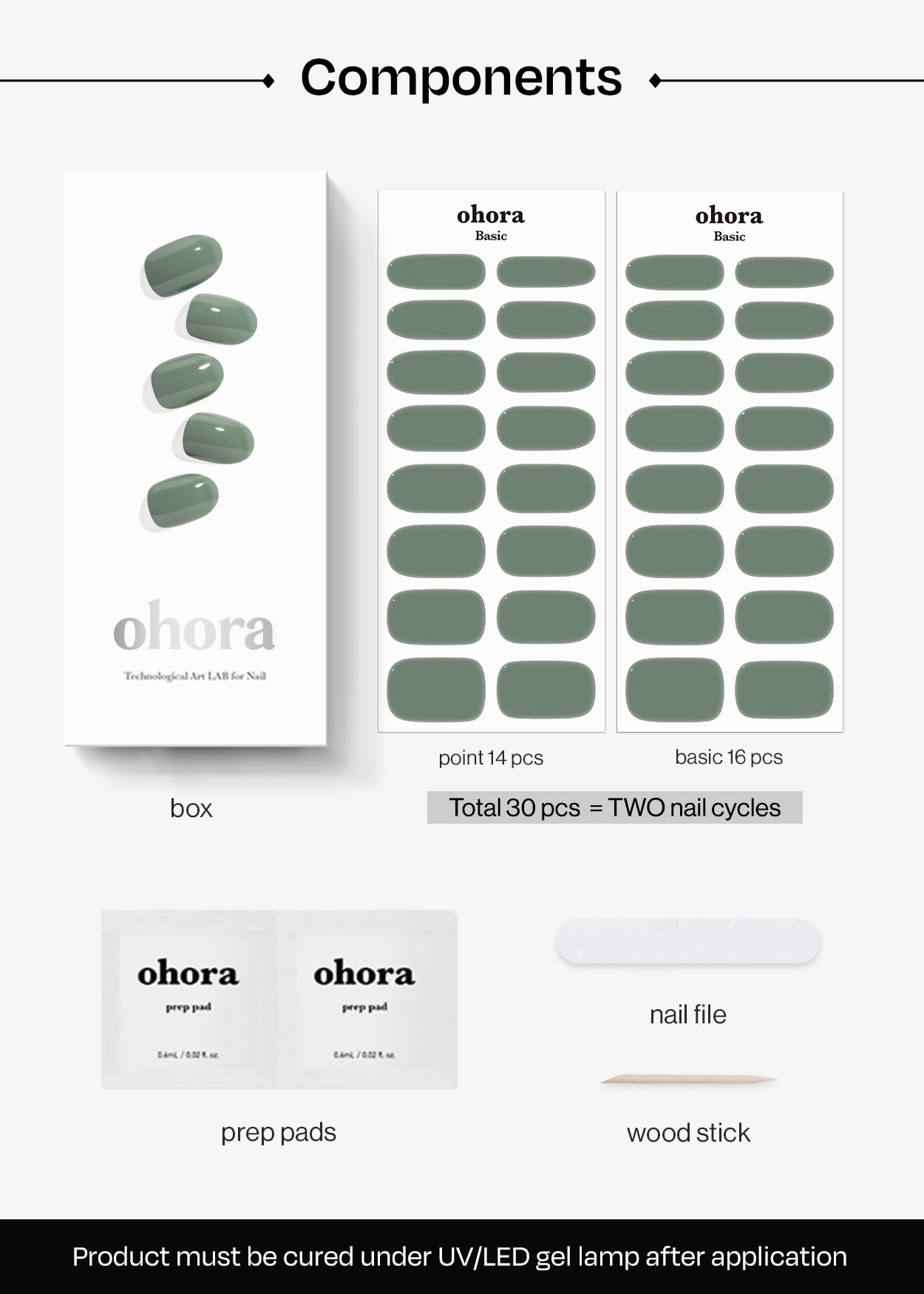 ohora Semi Cured Gel Nail Strips (N Cream Leaf) - Green, Solid, Works with Any UV/LED Lamps, Salon-Quality, Long Lasting, Easy to Apply & Remove